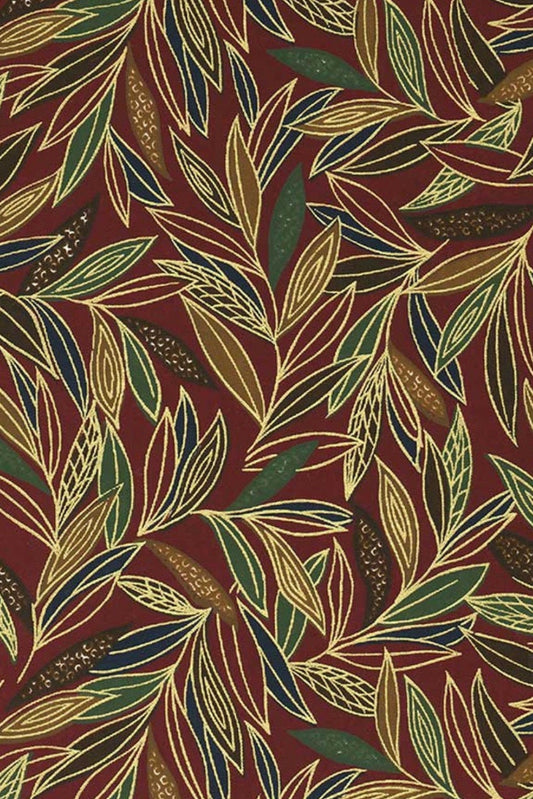Patterned chiyogami paper with leaves on a red background