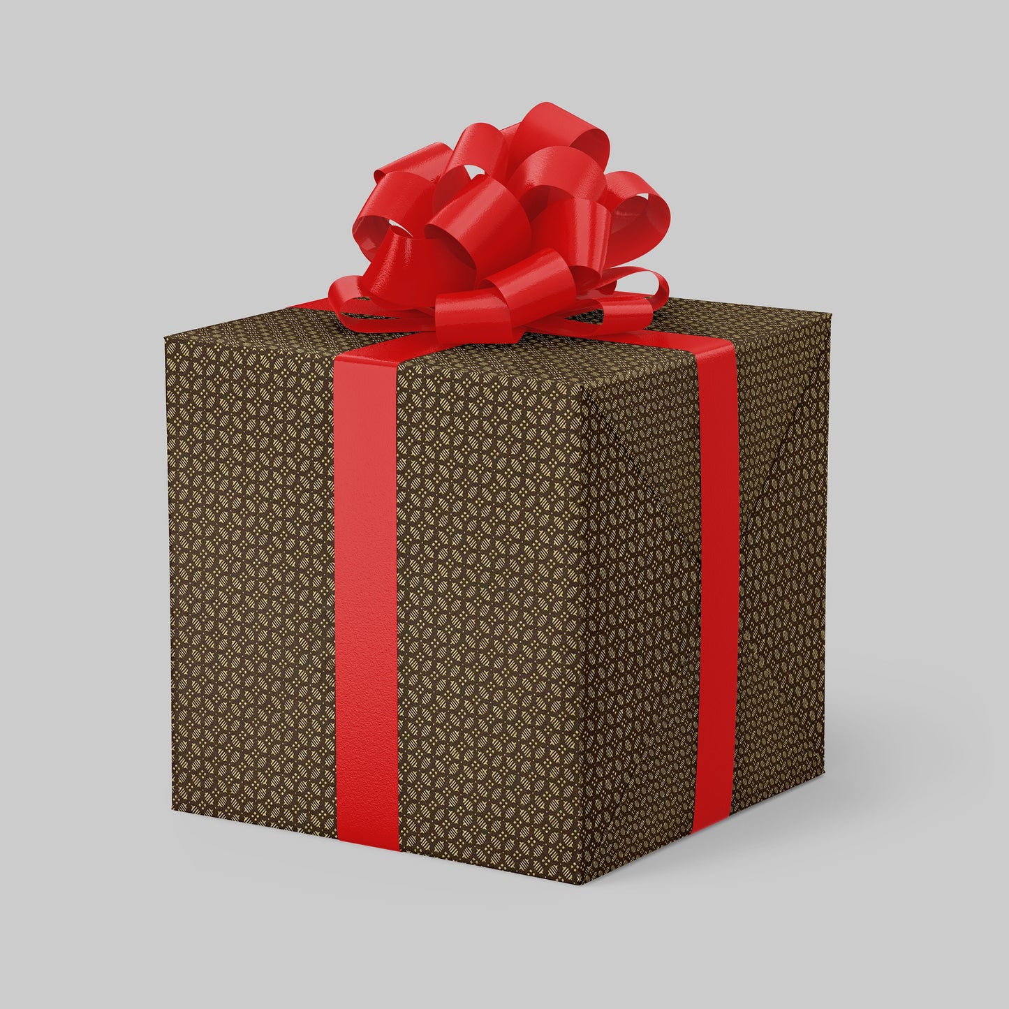 Gift box wrapped with chiyogami paper with brown pattern and red ribbon on a light gray background