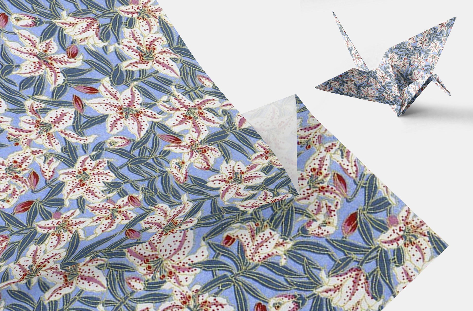 Floral-patterned chiyogami paper with a folded paper crane on a white background