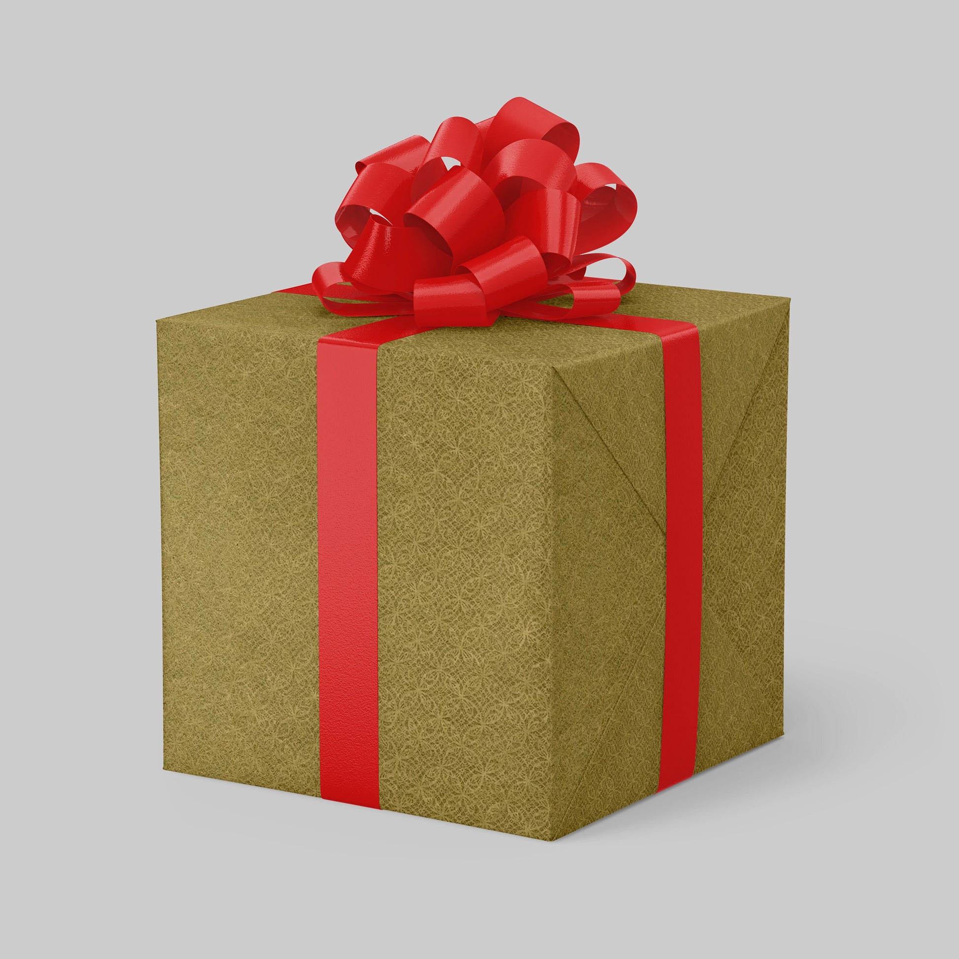 Gift box wrapped with chiyogami paper with red ribbon and bow on a light gray background