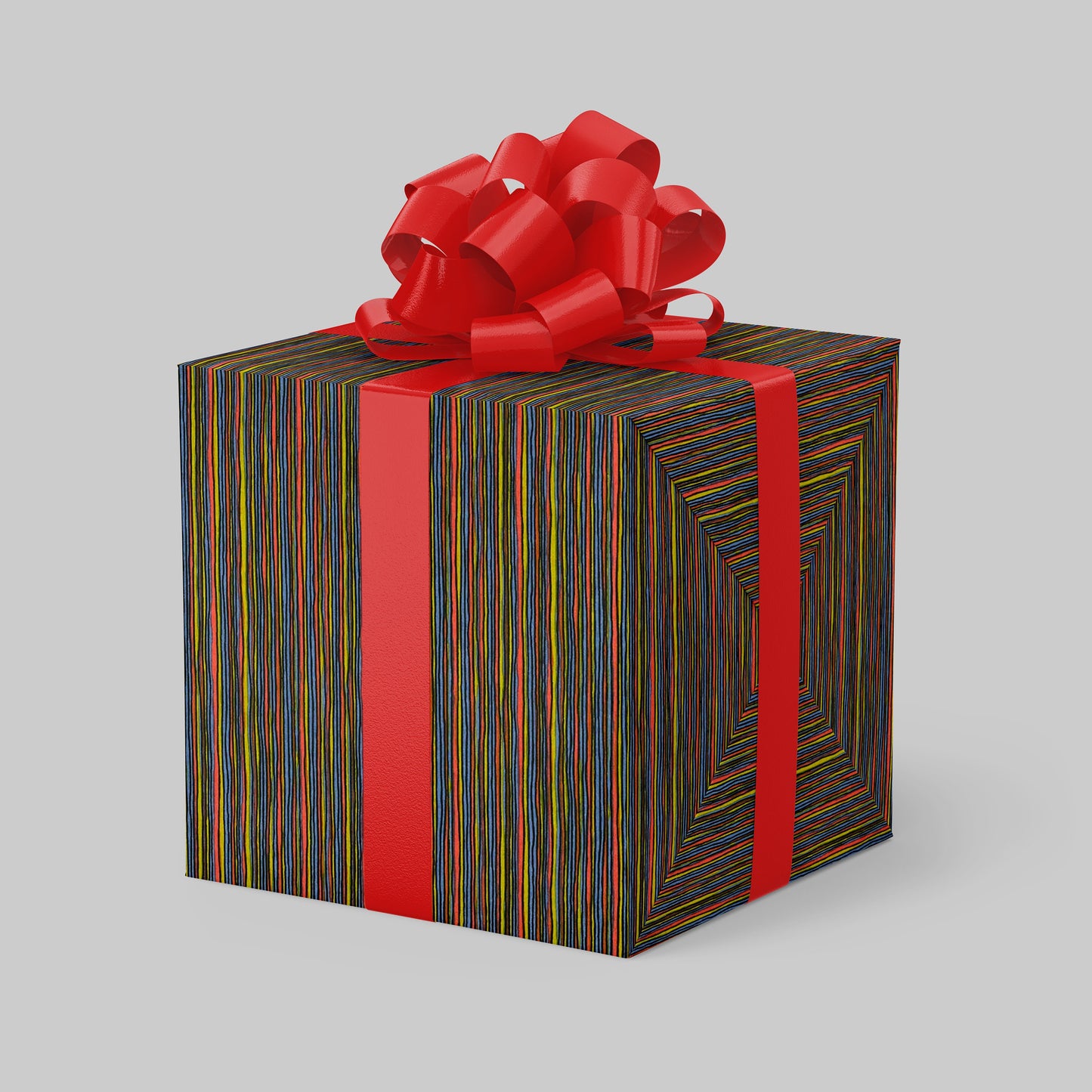 Gift box with colorful pattern and red ribbon on a gray background