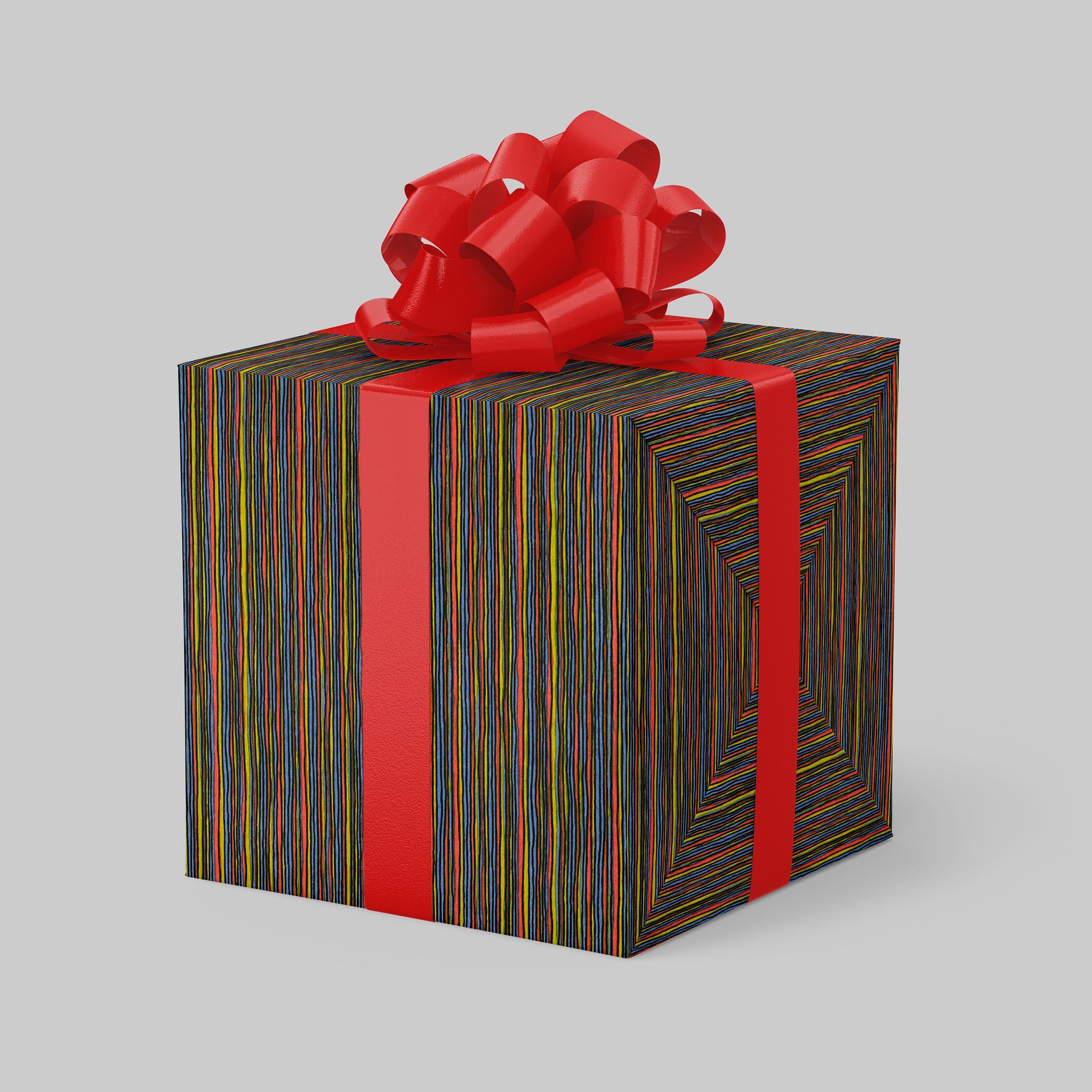 Gift box with colorful pattern and red ribbon on a gray background