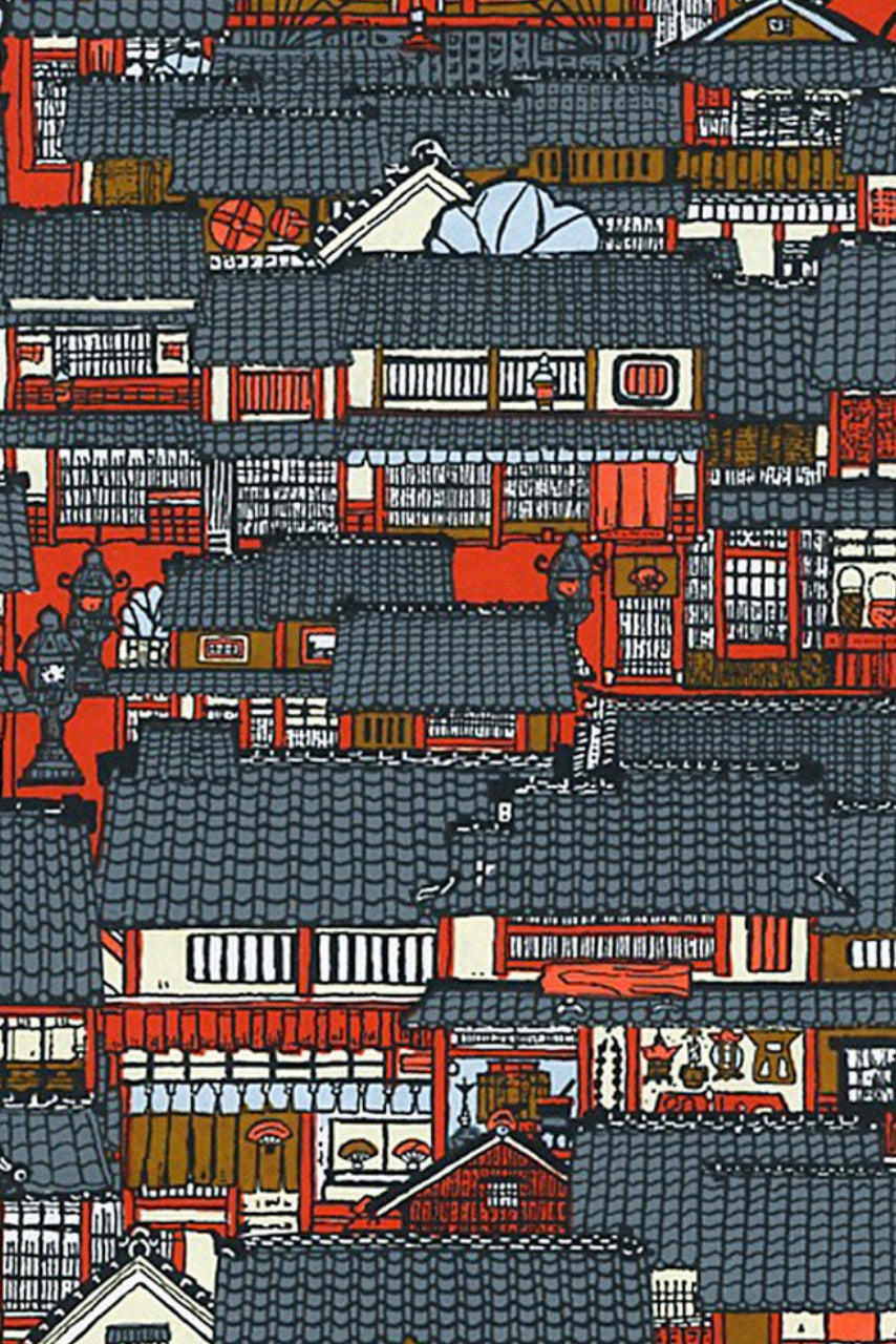 Chiyogami paper with Pattern of traditional japanese buildings with red and gray tones 