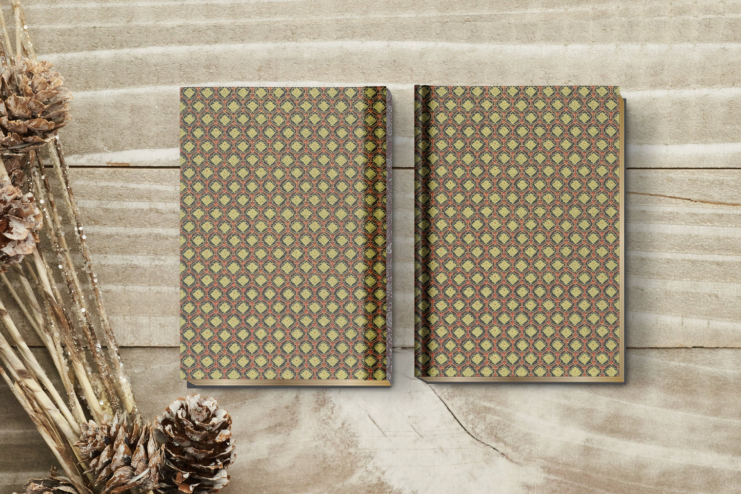 Two book with geometric pattern made with chiyogami paper in a bookbinding project.