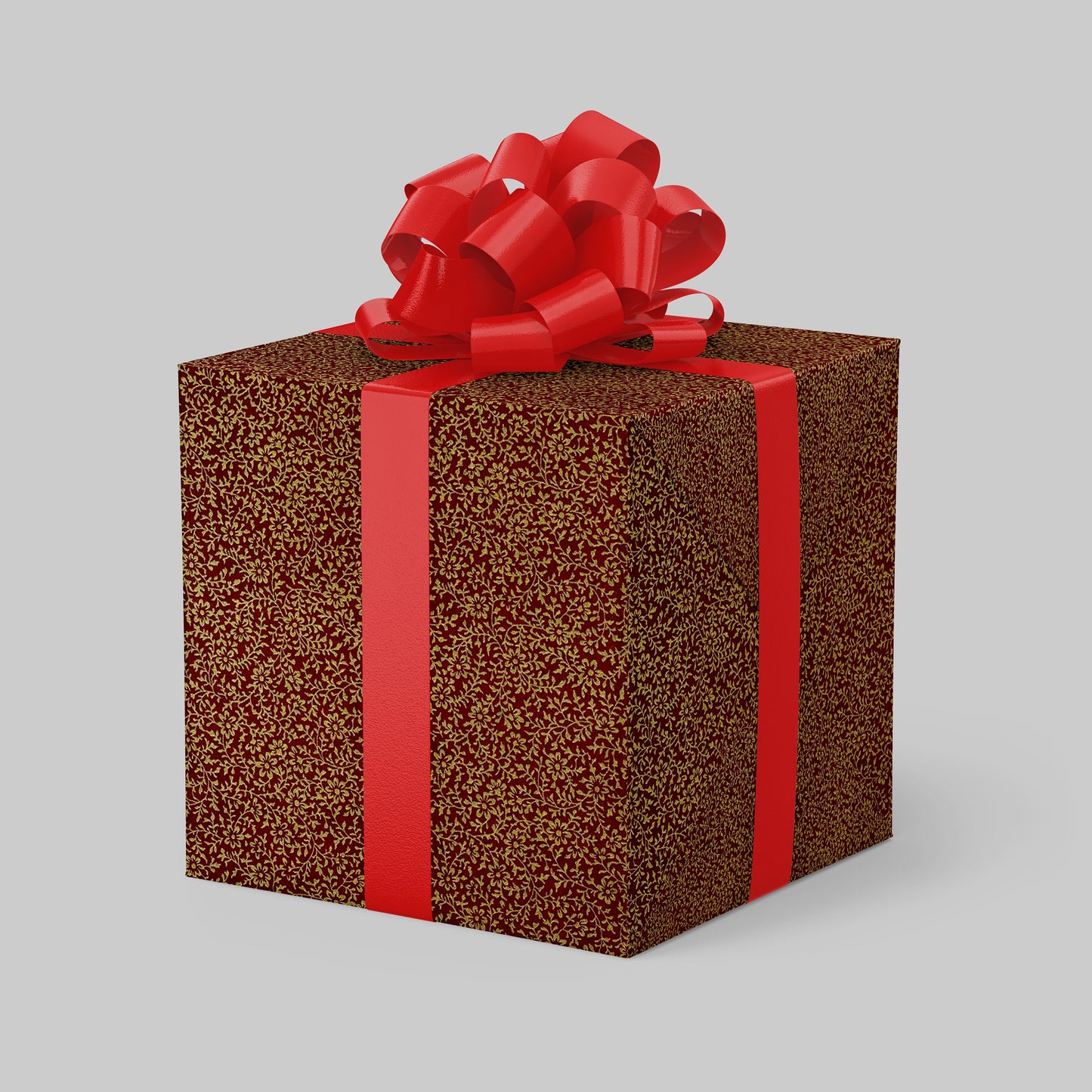 Brown textured gift box with a red ribbon and bow on a light gray background
