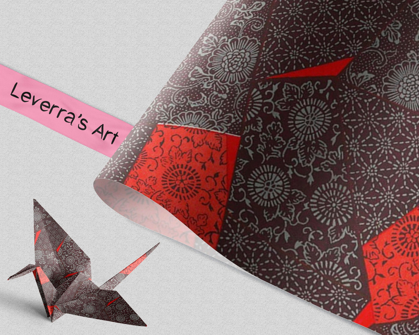 Decorative chiyogami paper with red and black patterns and an origami crane on a light gray background, featuring 'Leverra's Art' branding.