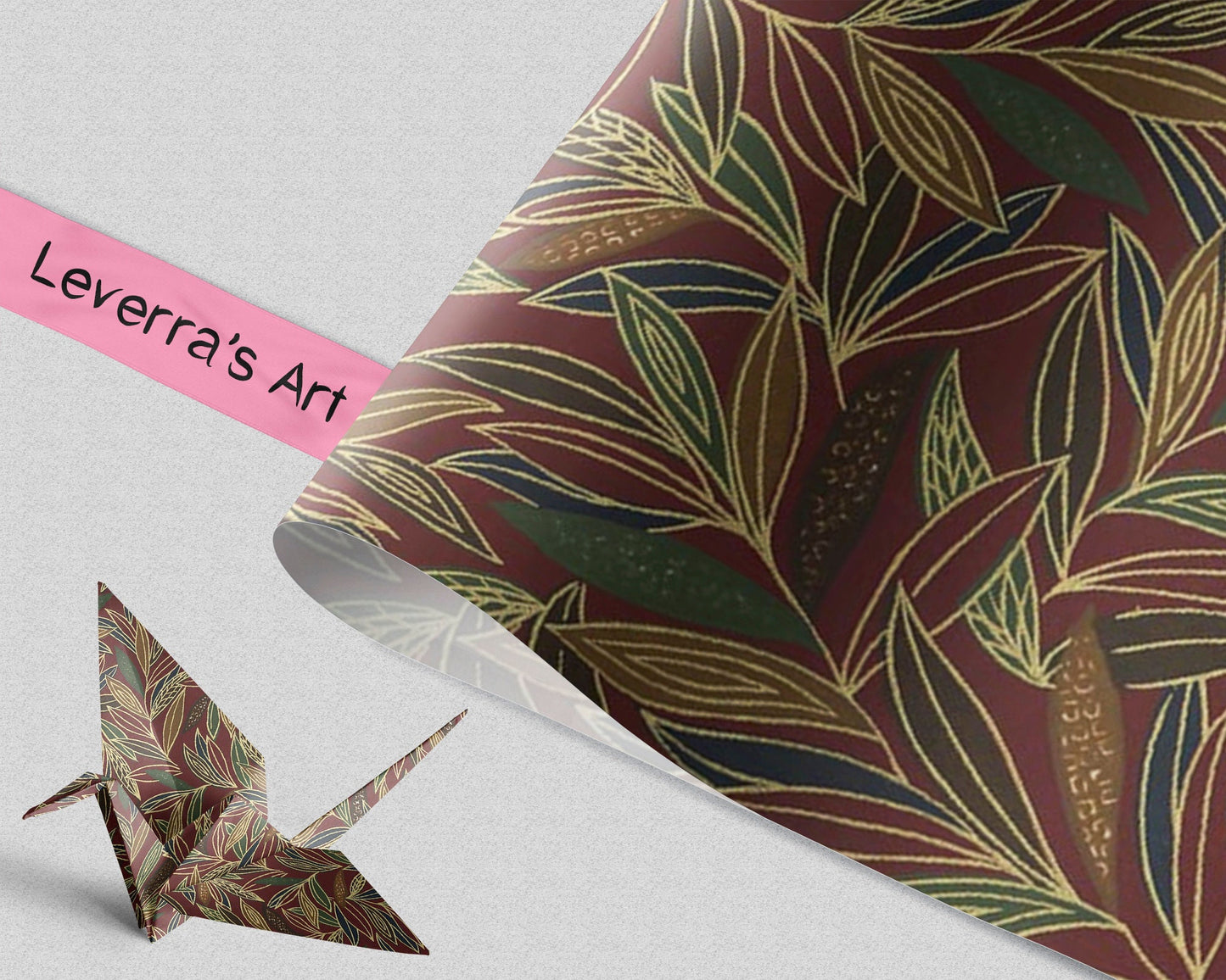 Decorative paper with leaf pattern and a folded paper crane on a light gray background, featuring 'Leverra's Art' branding.