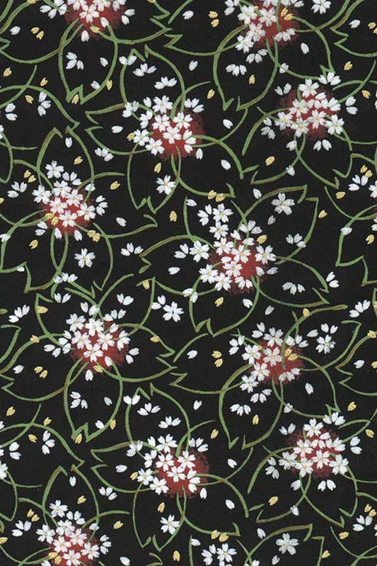 Chiyogami paper with Floral pattern with white and red flowers on a black background