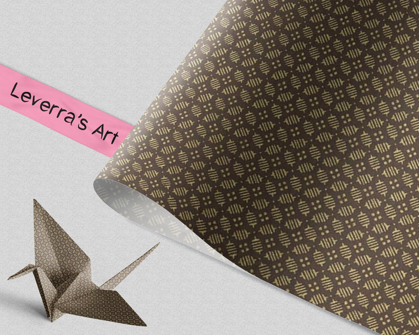 Patterned chiyogami paper with a folded paper crane and 'Leverra's Art' label.