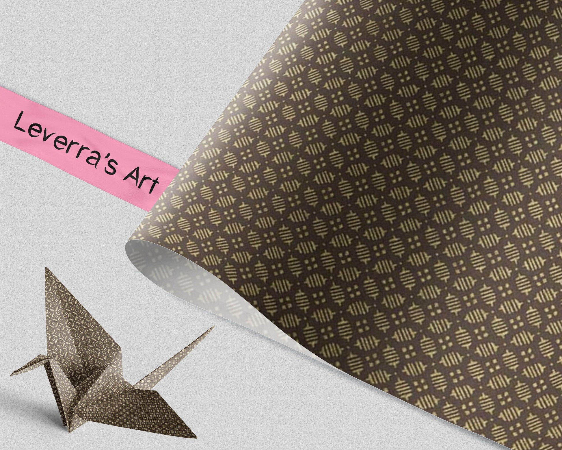 Patterned chiyogami paper with a folded paper crane and 'Leverra's Art' label.