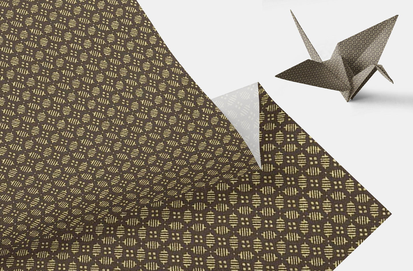 Patterned chiyogami paper with a folded paper crane on a white background