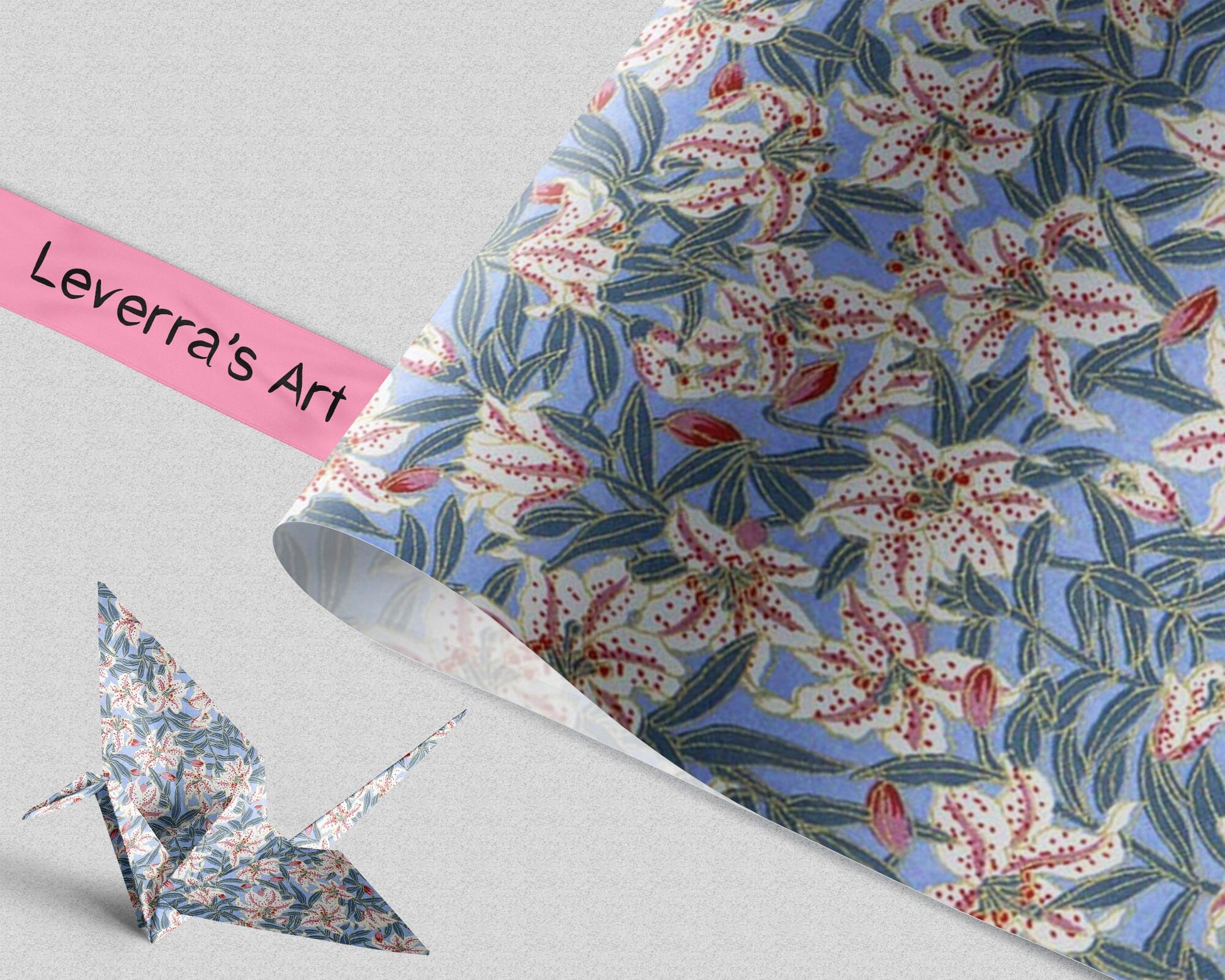Floral patterned chiyogami paper with a folded paper crane on a light gray background, featuring 'Leverra's Art' branding.