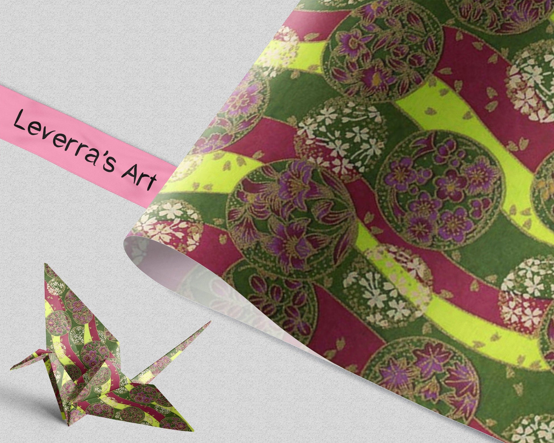Decorative paper with floral pattern and a folded paper crane on a light gray background, featuring 'Leverra's Art' branding.