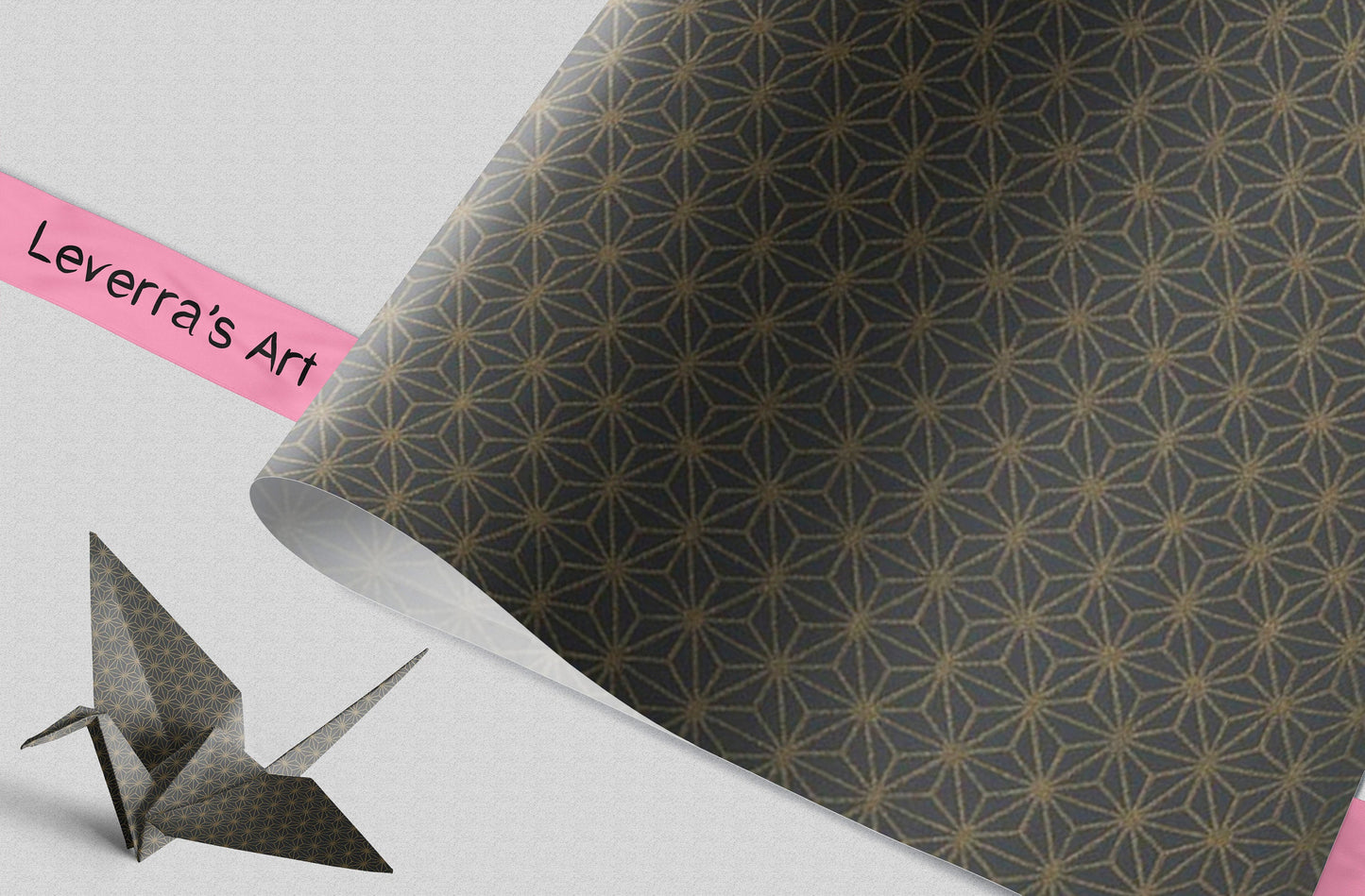 Patterned chiyogami paper with a star design and a pink strip labeled 'Leverra's Art' on a white background.