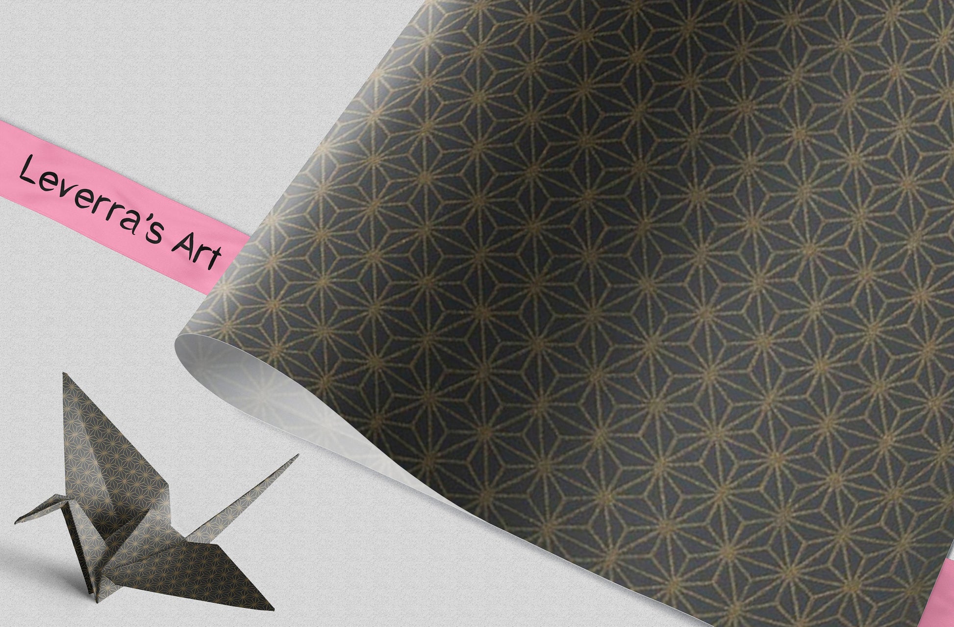 Patterned chiyogami paper with a star design and a pink strip labeled 'Leverra's Art' on a white background.