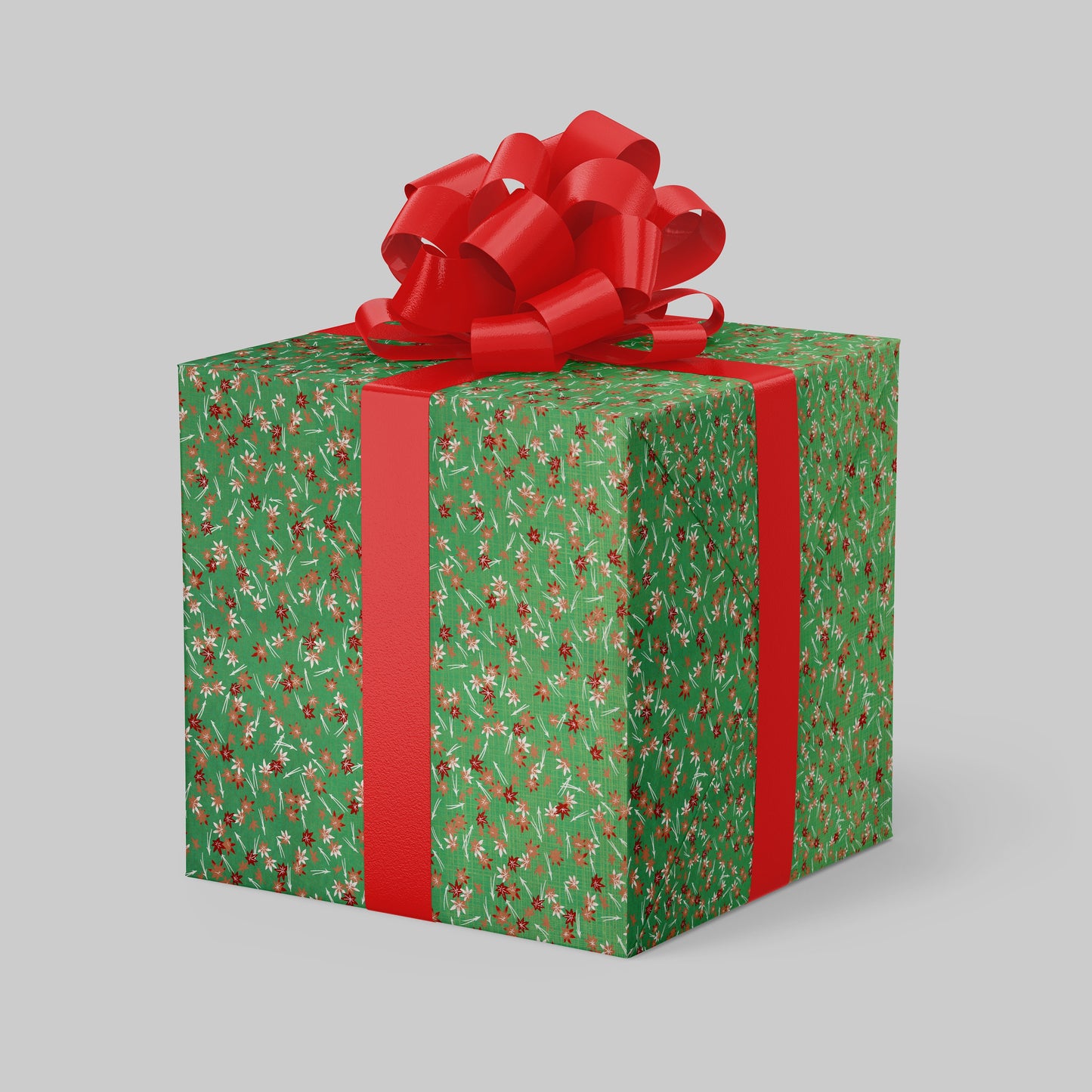 Green gift wrapped with chiyogami paper box with red ribbon and bow on a gray background