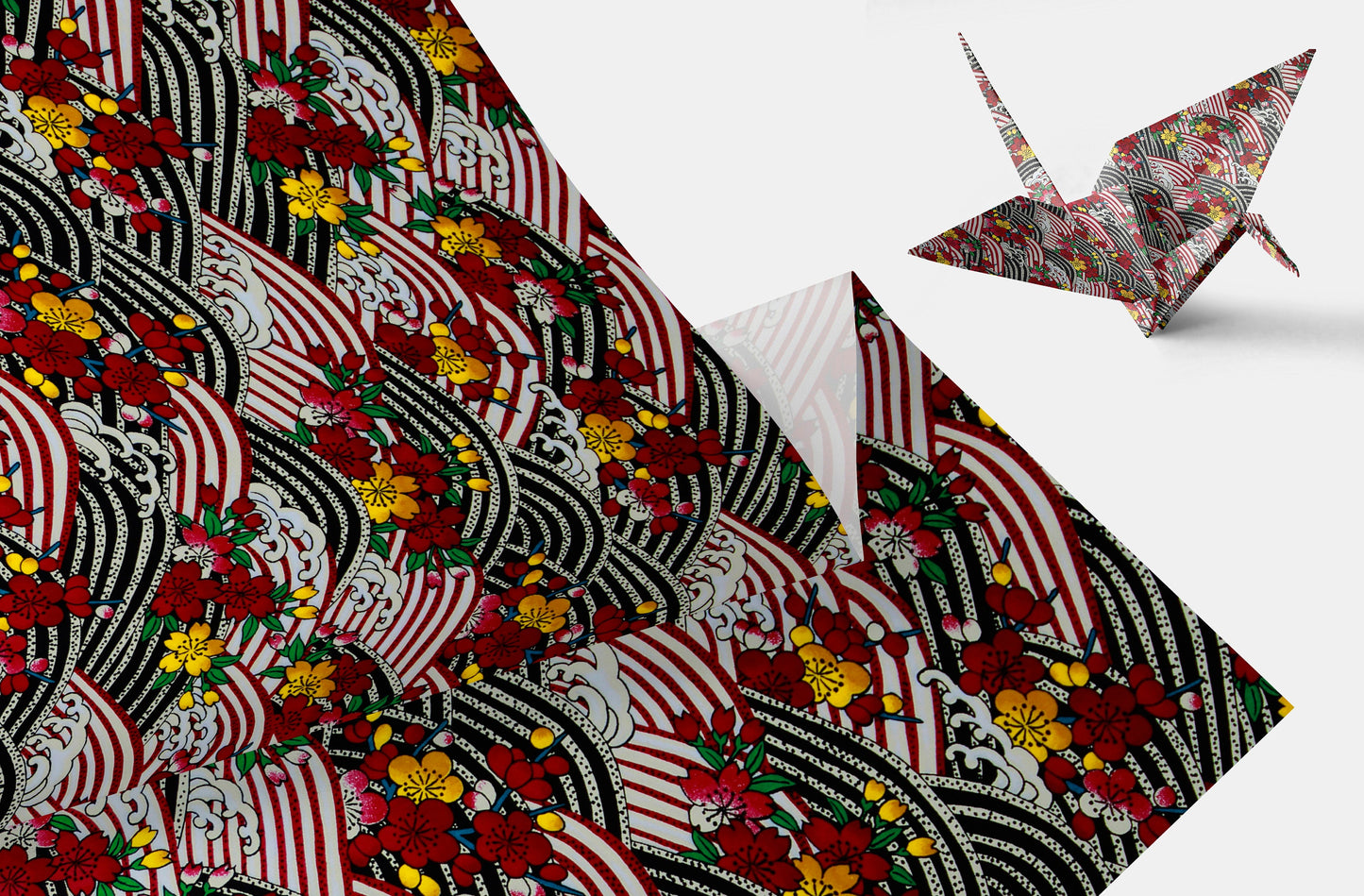 Colorful  chiyogami paper with a pattern of zebras and flowers, folded and displayed on a white background.