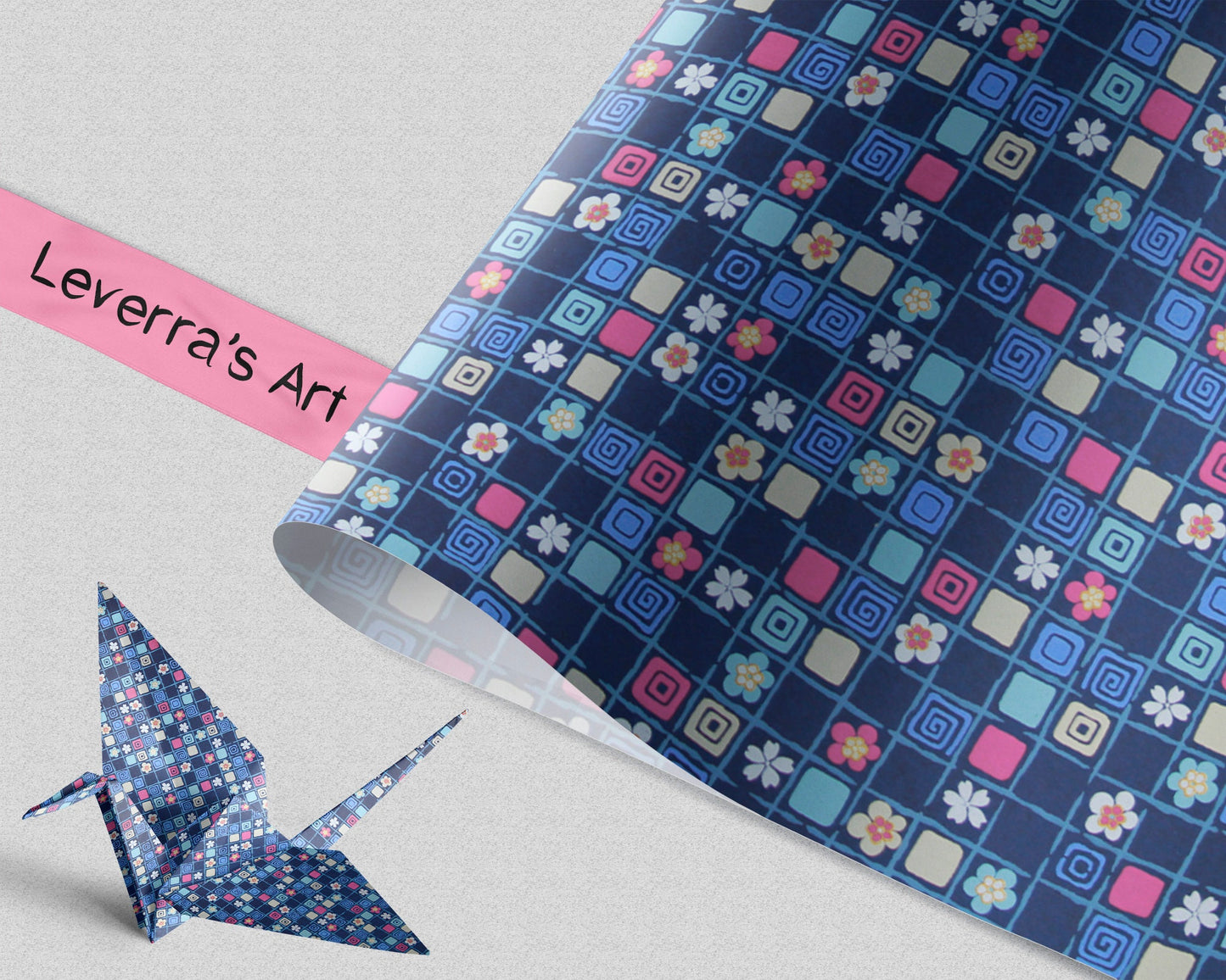 Colorful patterned chiyogami paper with a folded paper crane on a light gray background, featuring 'Leverra's Art' branding.