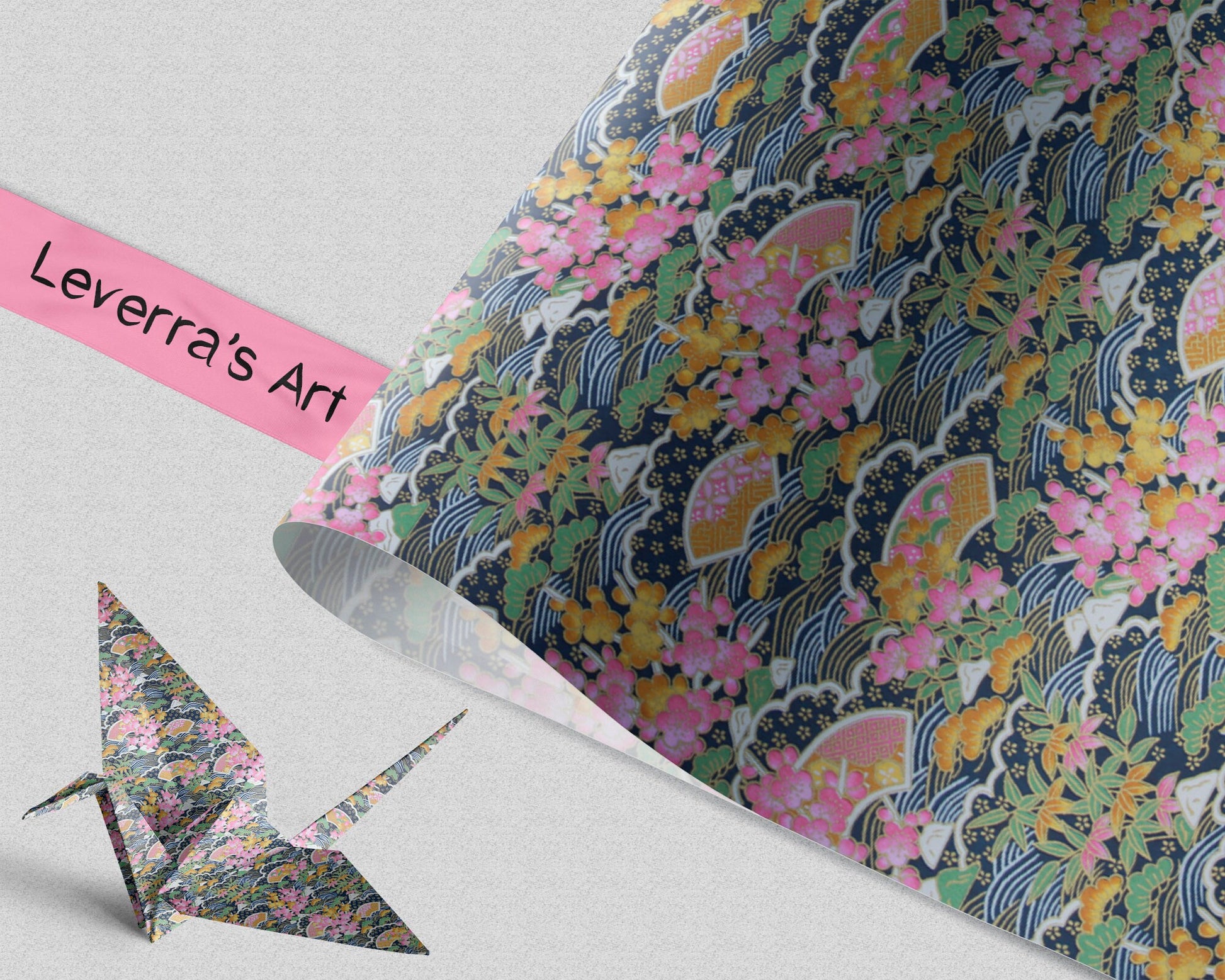 Floral patterned chiyogami paper with a folded paper crane on a light gray background, featuring 'Leverra's Art' branding.