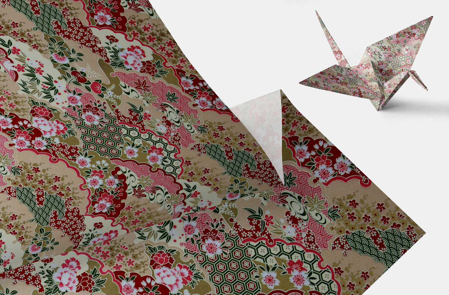 Floral-patterned chiyogami paper with a folded paper crane on a white background