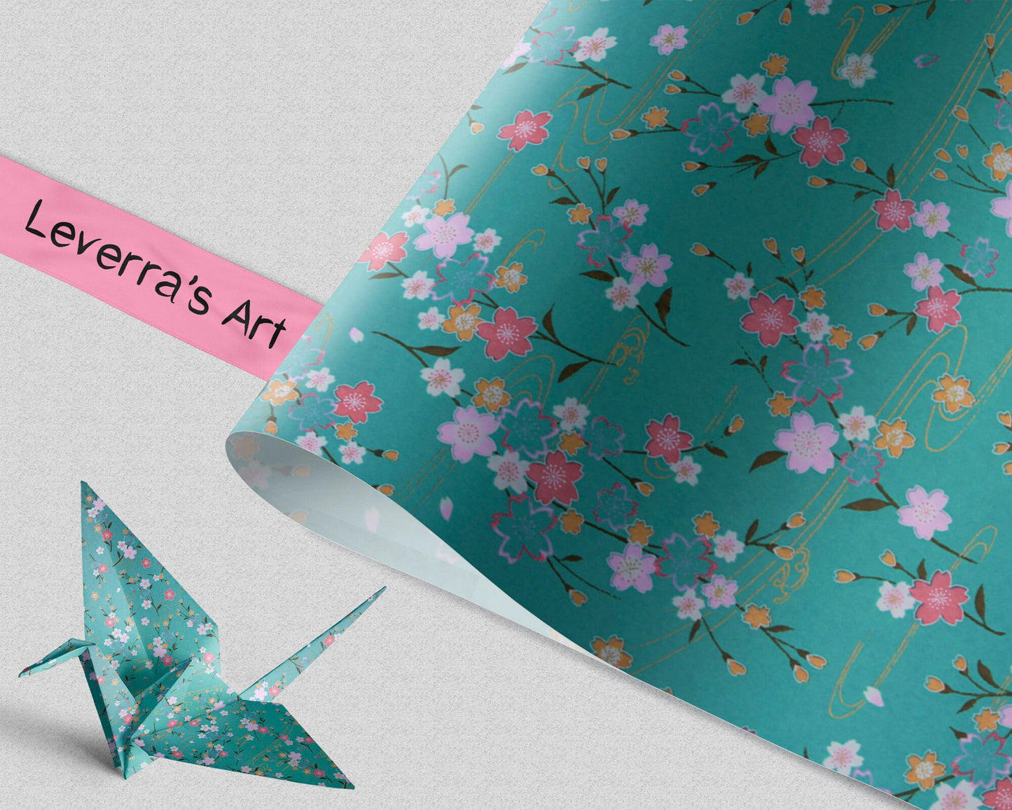 Floral patterned chiyogami paper with a folded origami crane on a light gray background, featuring 'Leverra's Art' branding.