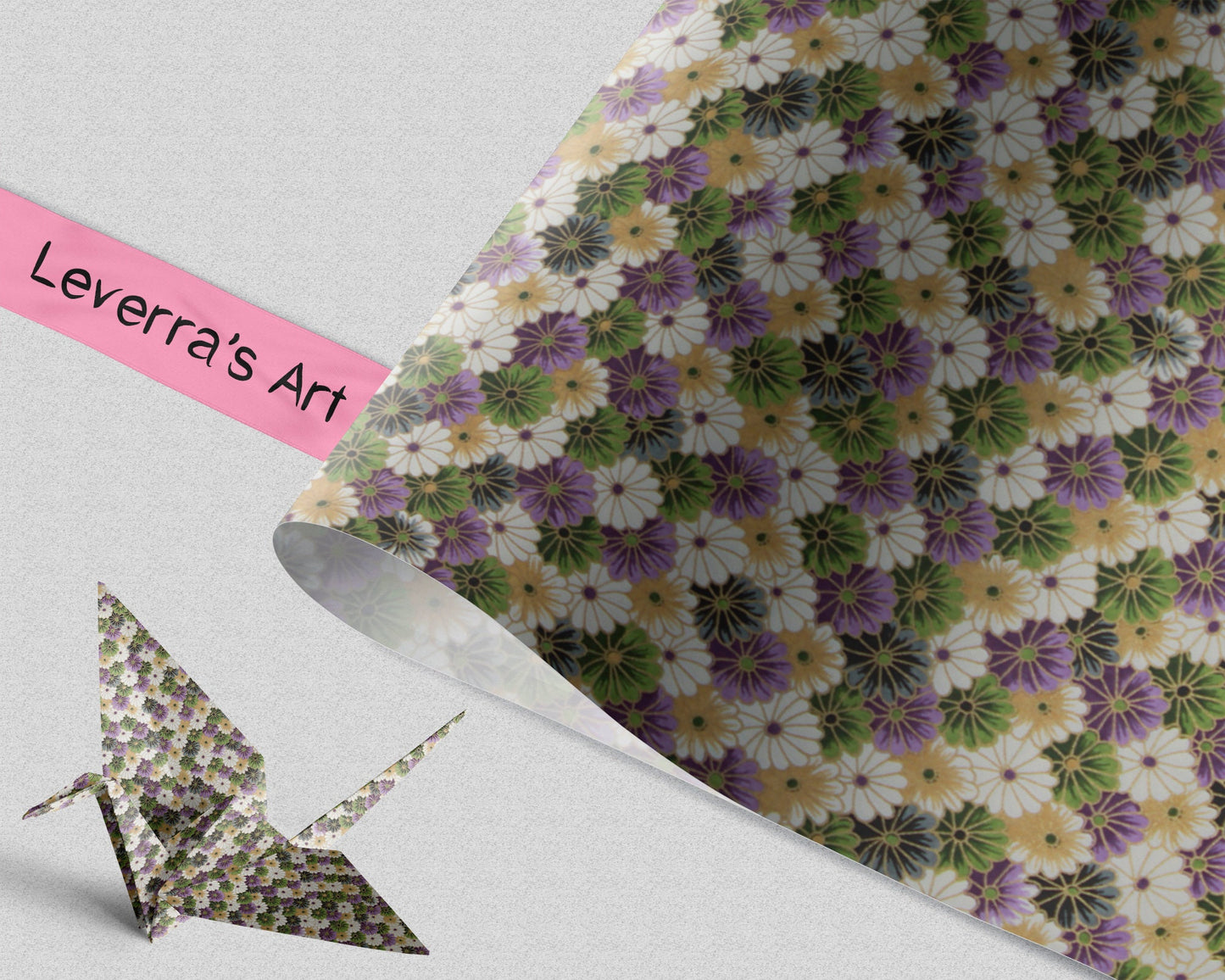 Floral patterned chiyogami paper with a folded paper crane and 'Leverra's Art' label.