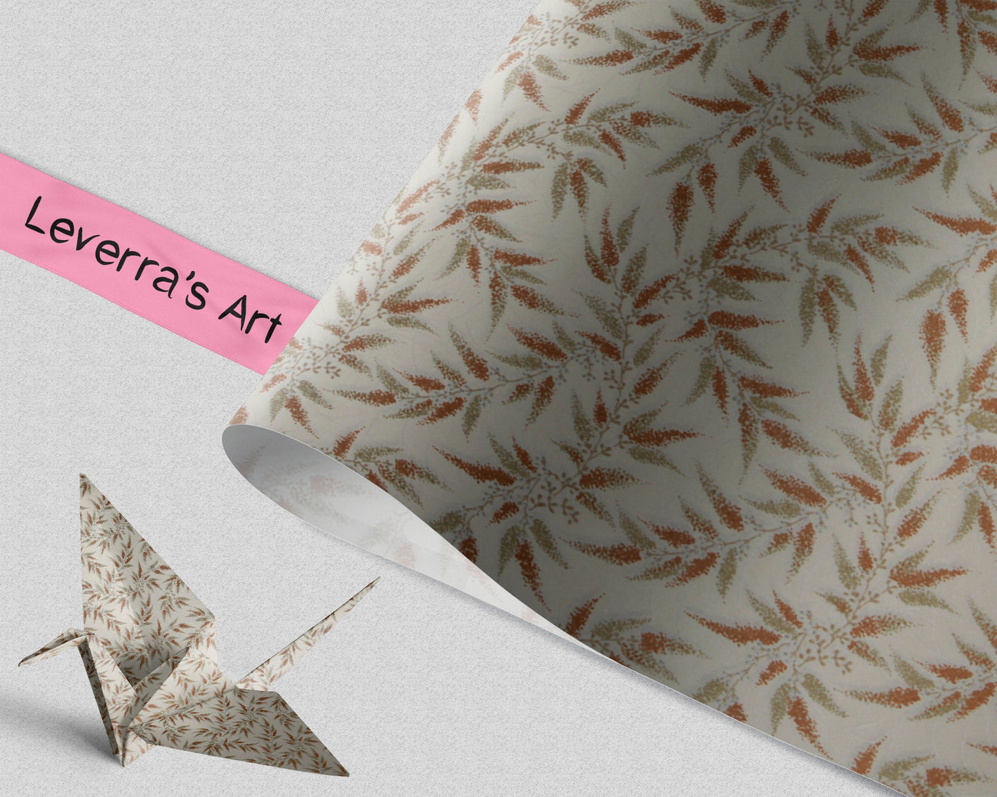 patterned chiyogami paper with a pink strip labeled 'Leverra's Art' and an origami crane.