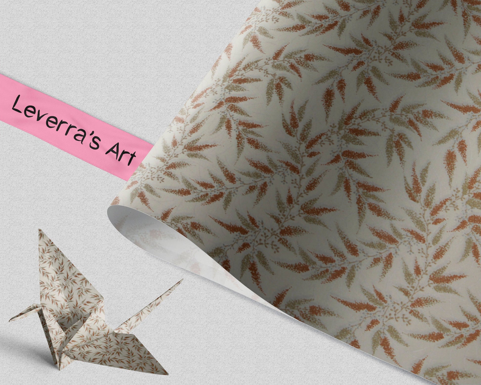 patterned chiyogami paper with a pink strip labeled 'Leverra's Art' and an origami crane.