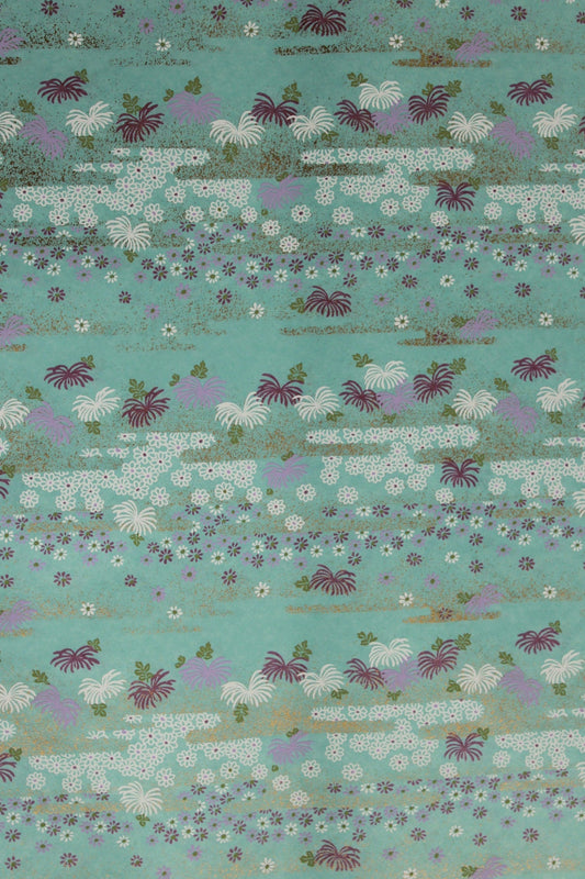 Patterned chiyogami paper with vertical stripes of flowers and leaves on a teal background