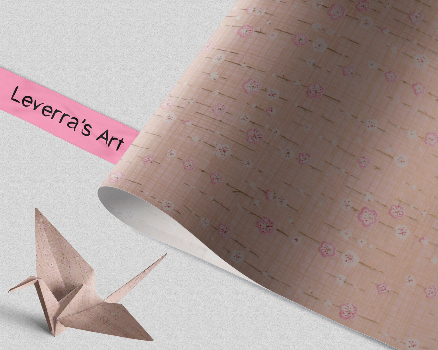 Floral patterned chiyogami paper with an origami crane on a light background, featuring 'Leverra's Art' branding.