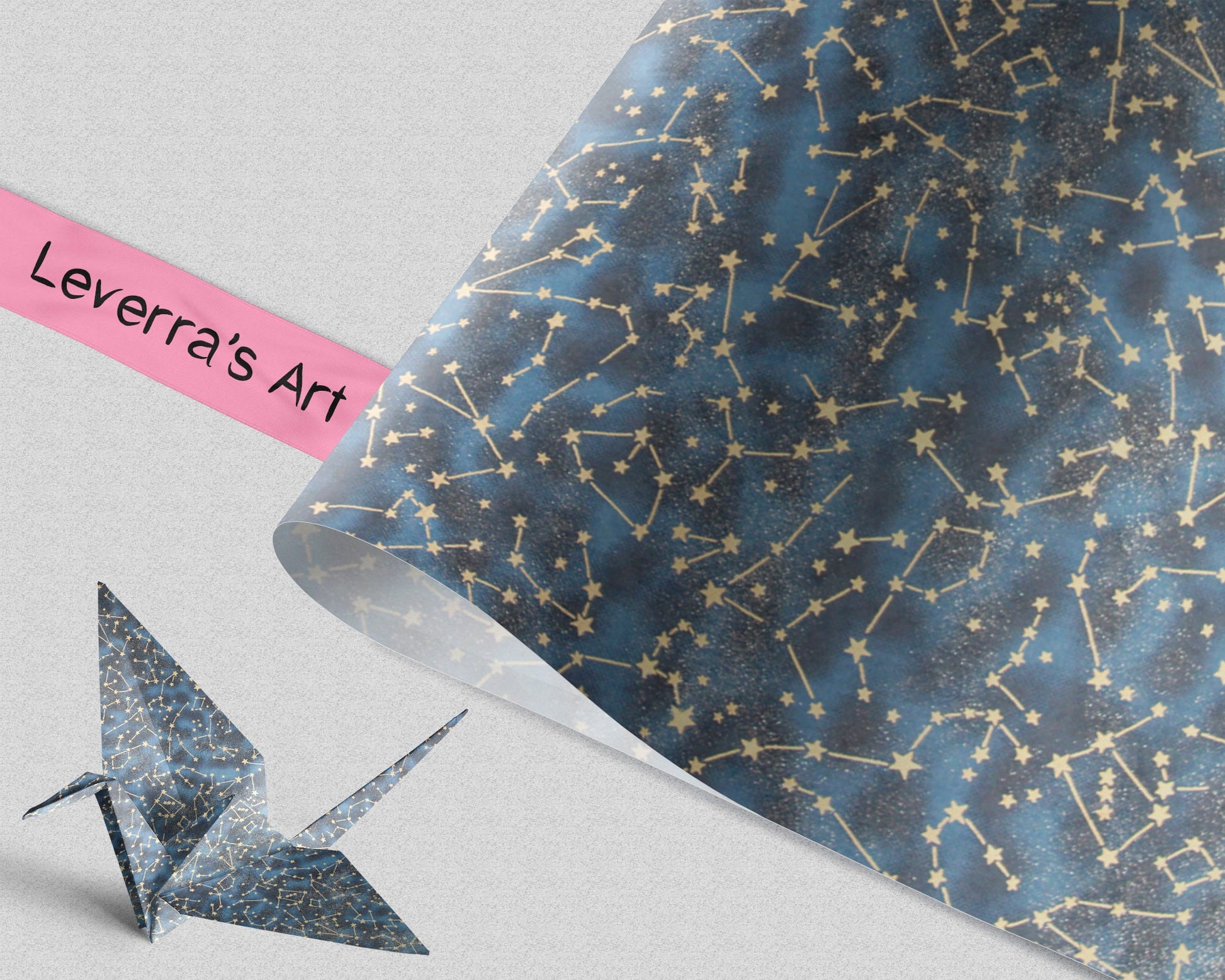  chiyogami paper  with star constellation pattern and an origami crane model on a gray background, featuring 'Leverra's Art' branding.