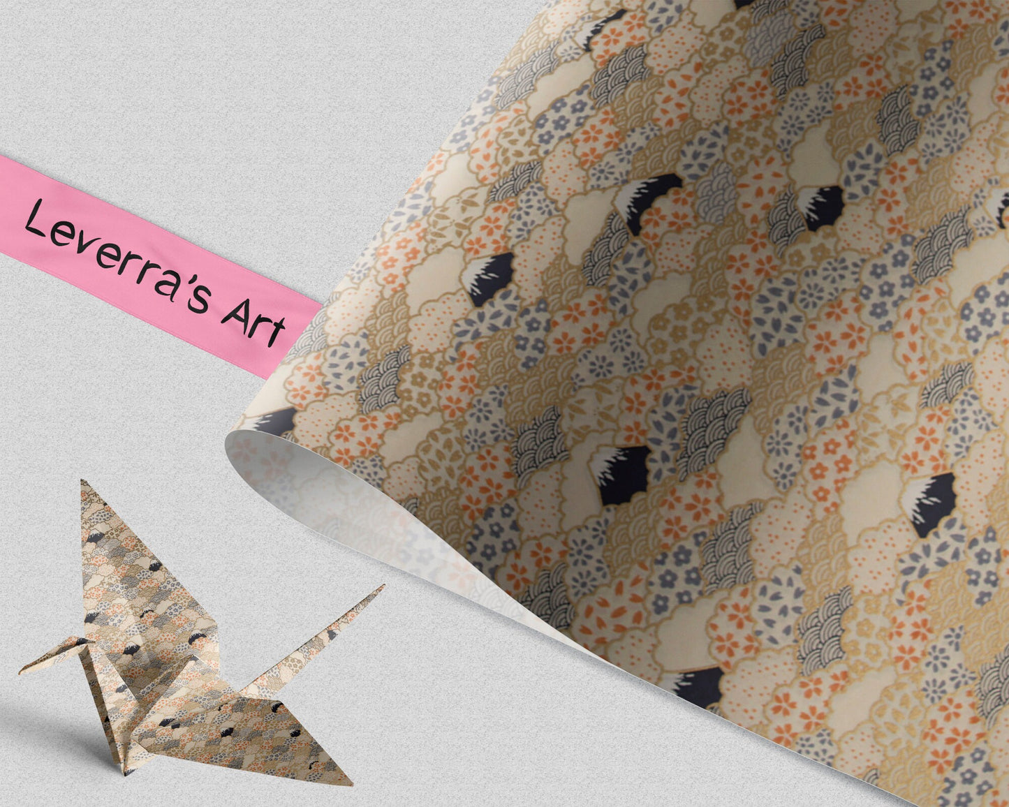 Decorative chiyogami paper with a floral pattern and an origami crane on a light gray background, featuring 'Leverra's Art' branding.
