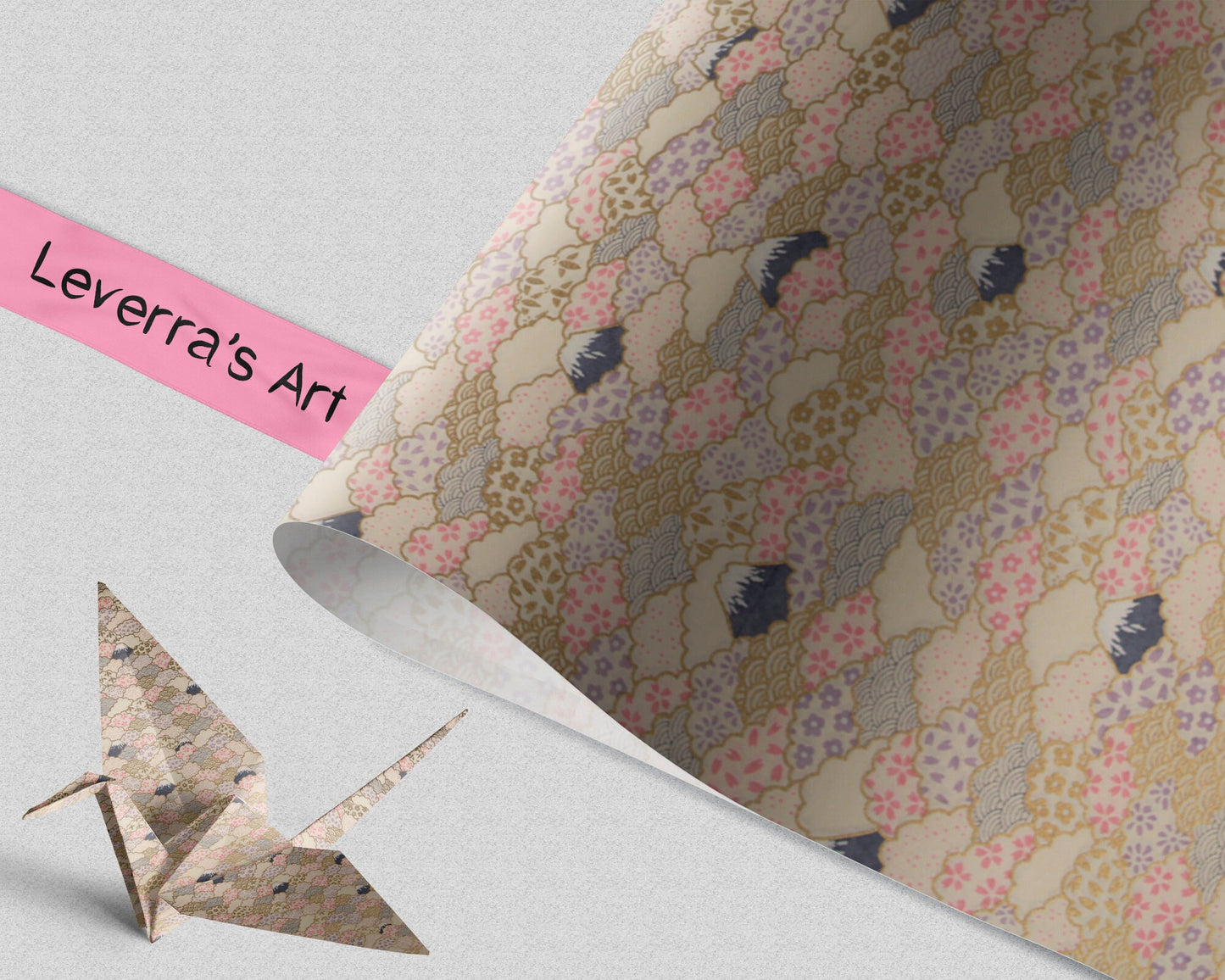 Decorative chiyogami paper with a floral pattern and an origami crane on a light gray background, featuring 'Leverra's Art' branding.
