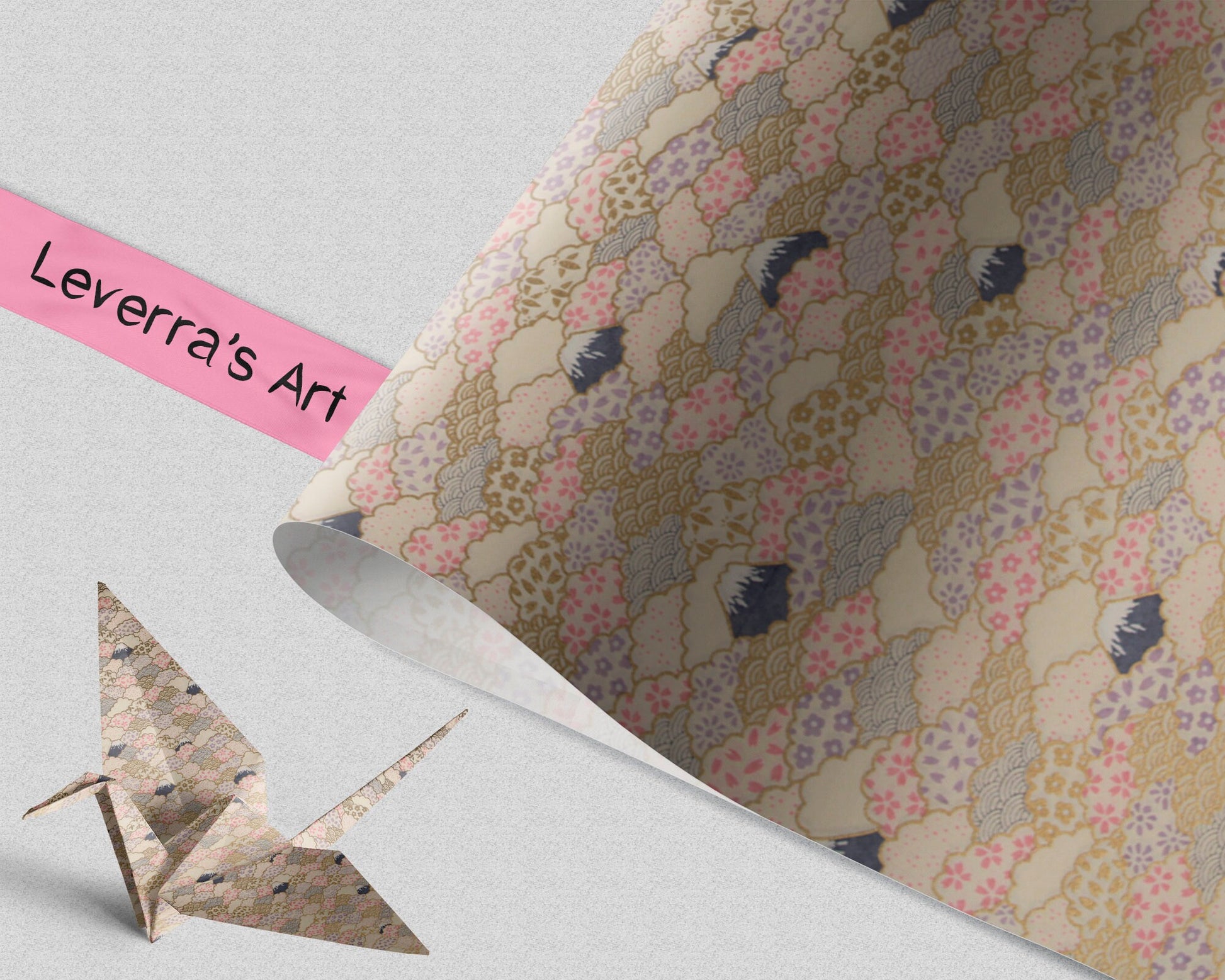 Decorative chiyogami paper with a floral pattern and an origami crane on a light gray background, featuring 'Leverra's Art' branding.