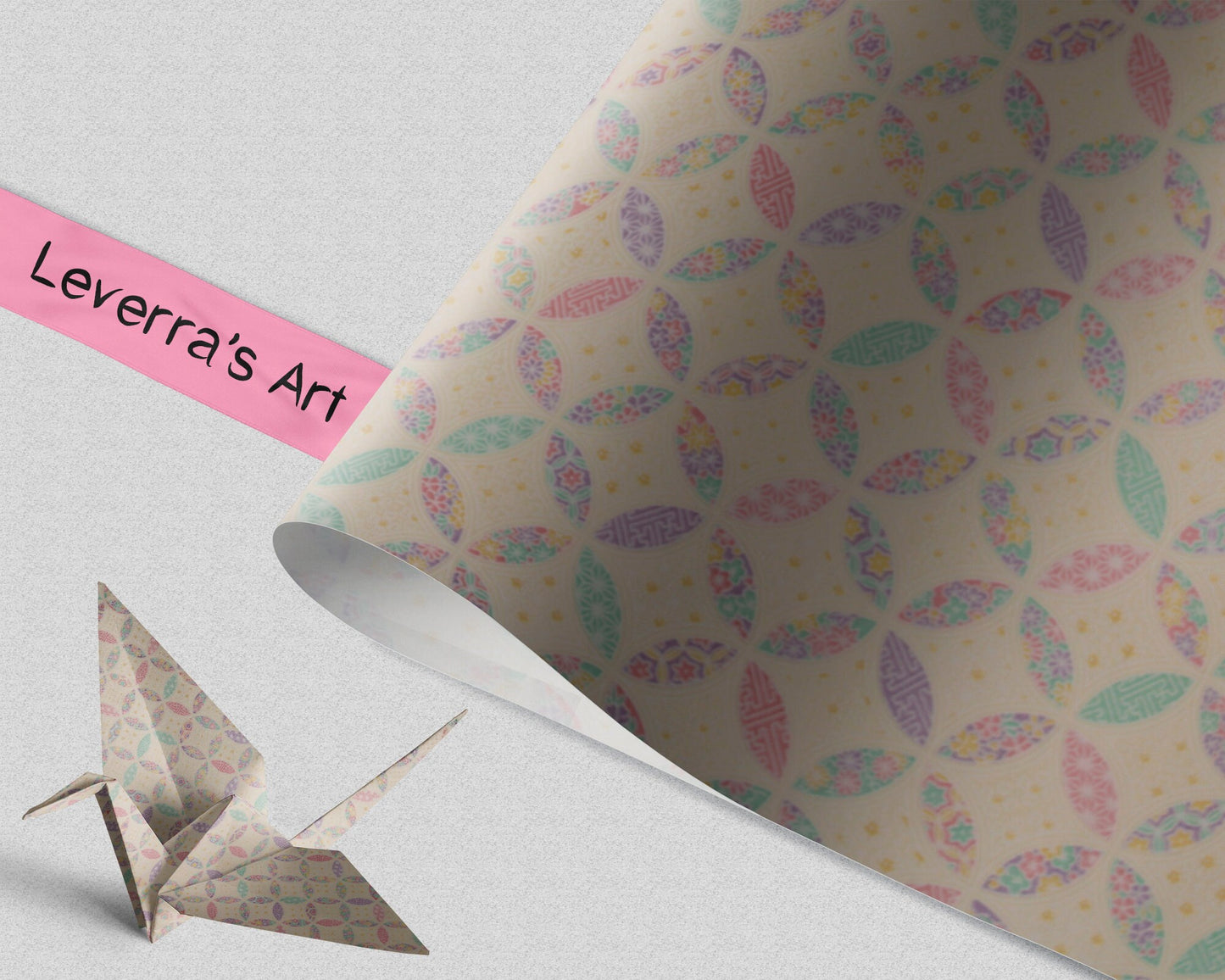 Patterned chiyogami paper with a crumpled texture and an origami crane, featuring 'Leverra's Art' branding.