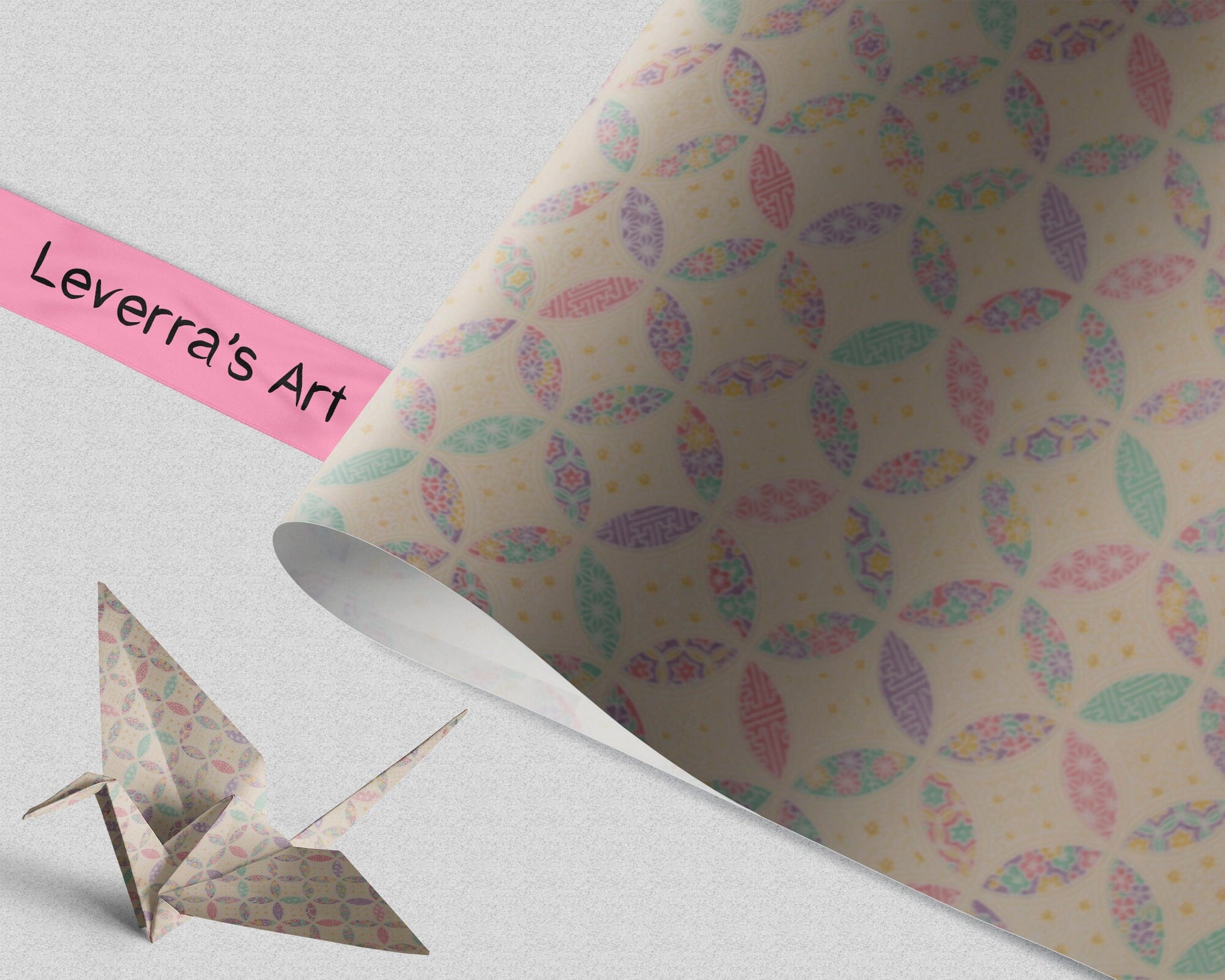 Patterned chiyogami paper with a crumpled texture and an origami crane, featuring 'Leverra's Art' branding.