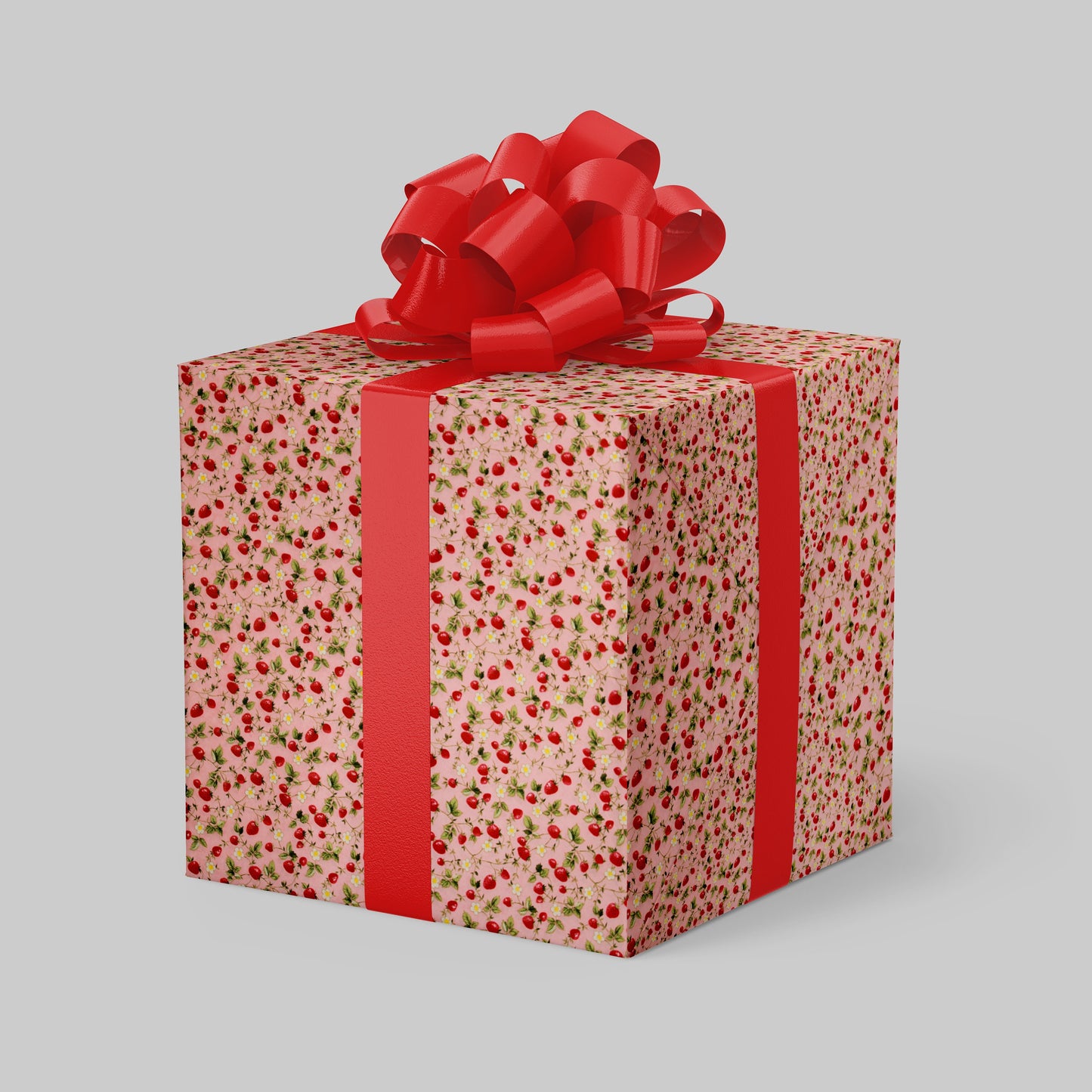 Gift box with floral pattern and red ribbon on a gray background