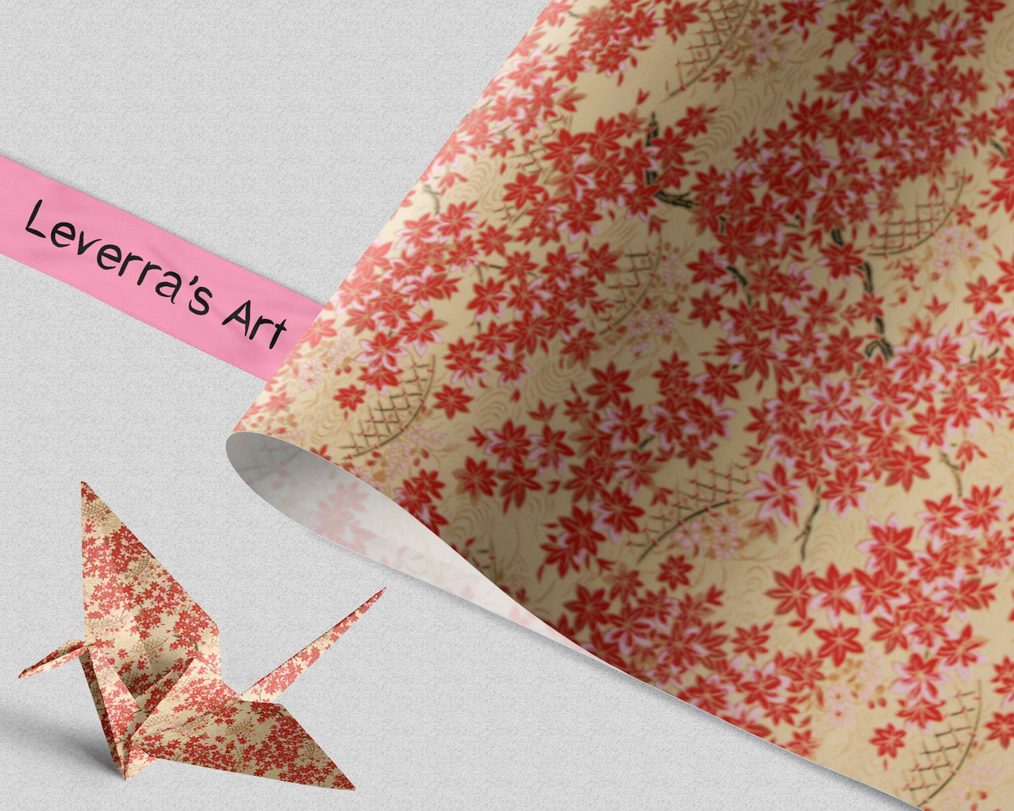 Floral-patterned paper with a cut-out paper crane and 'Leverra's Art' label.