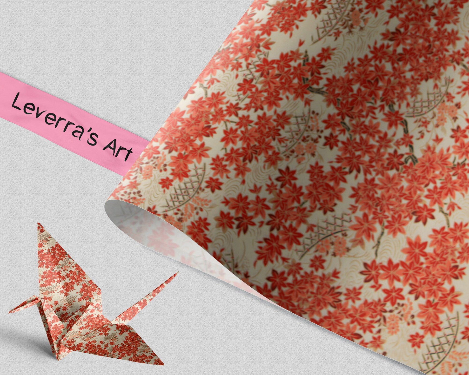 Floral patterned chiyogami paper  and 'Leverra's Art' label, featuring an origami crane.