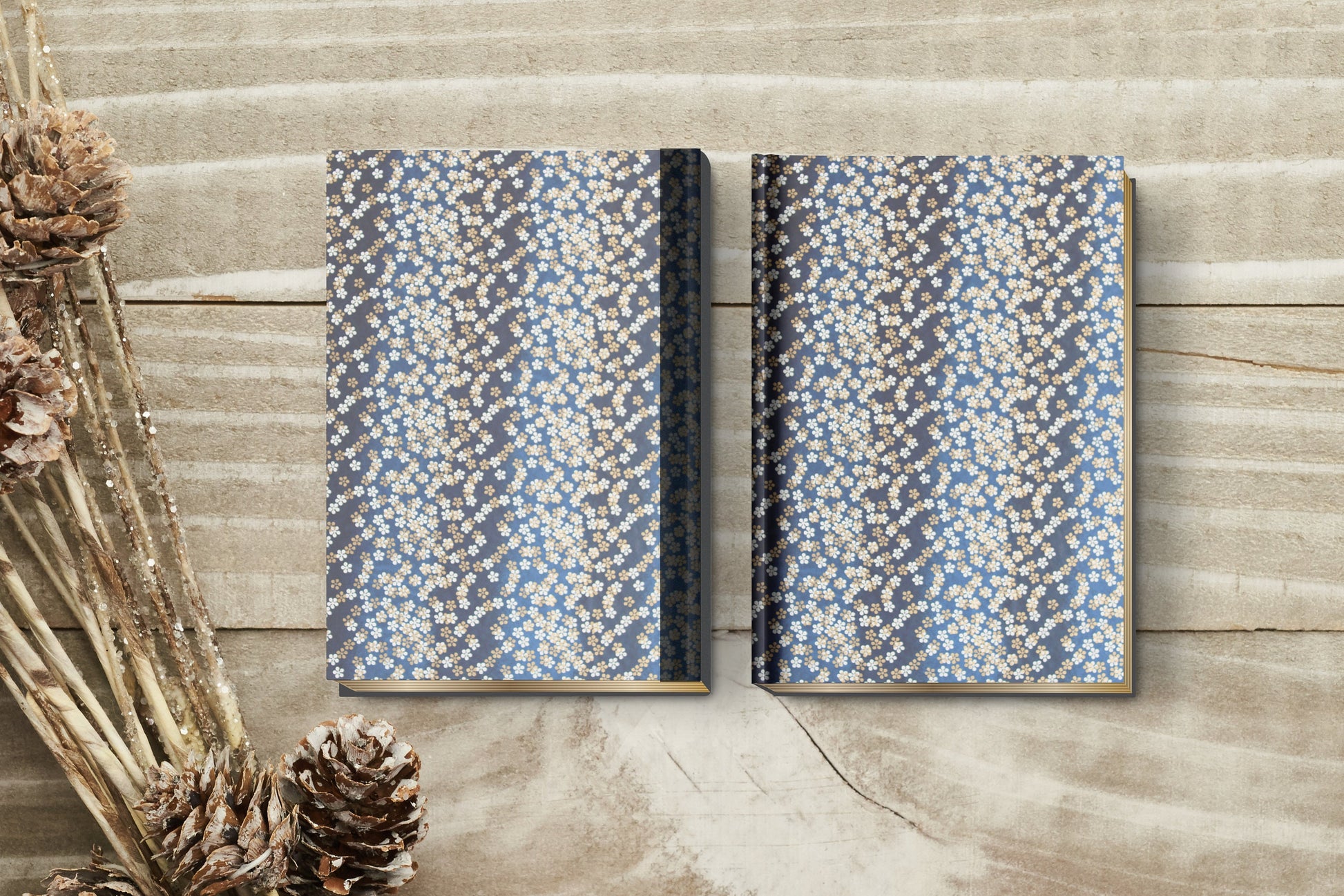 Two patterned notebooks on a wooden surface with pine cones.