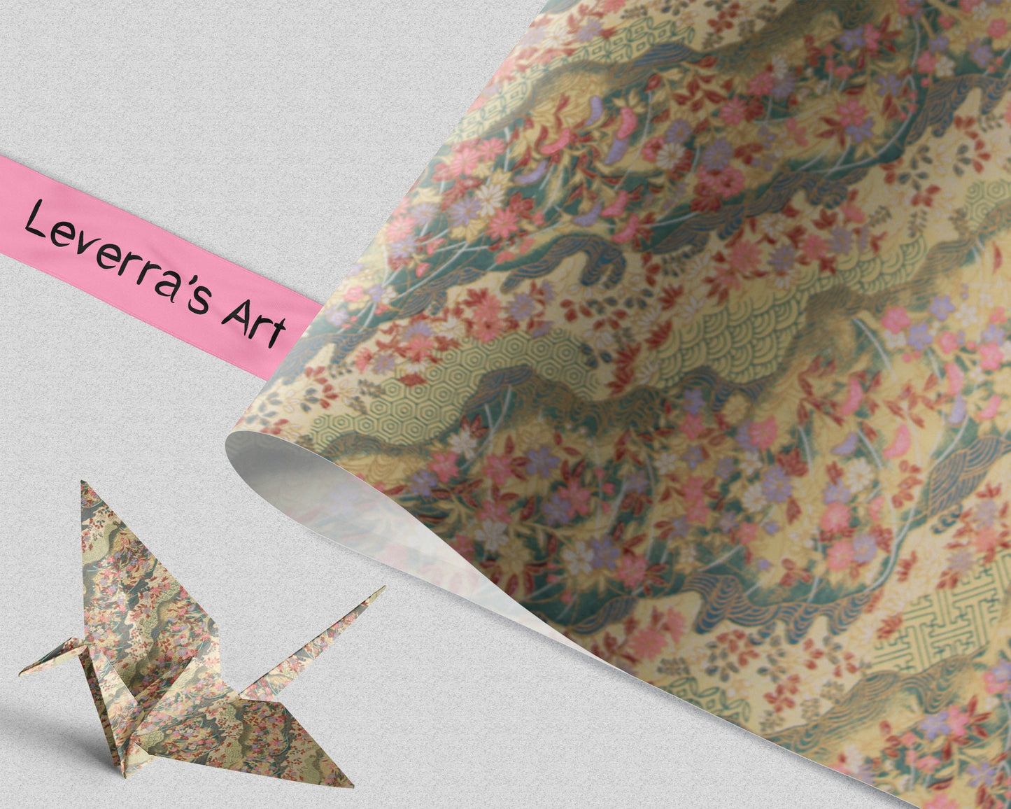 Decorative paper with floral patterns and a folded paper crane on a light gray background, featuring 'Leverra's Art' branding.