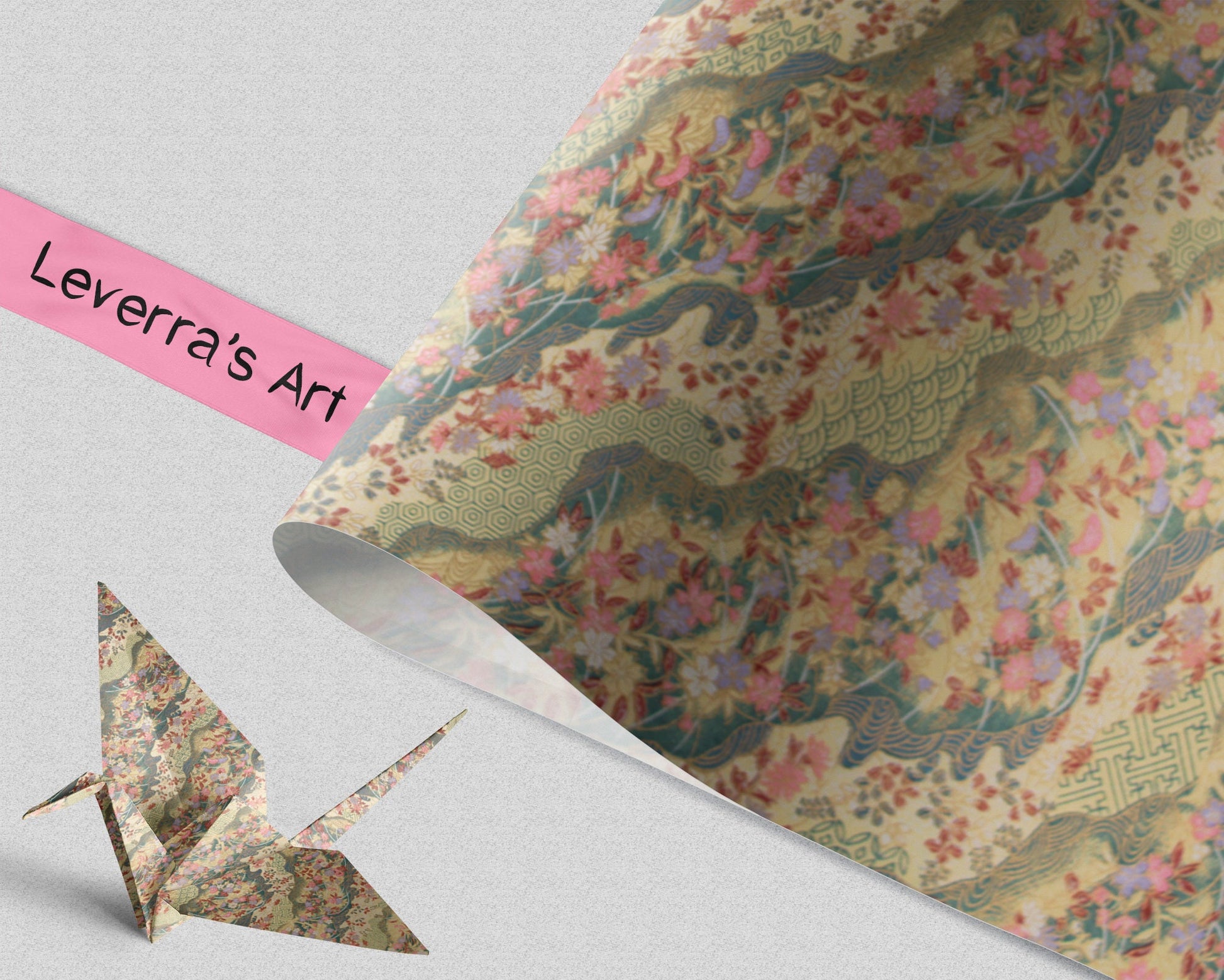 Decorative paper with floral patterns and a folded paper crane on a light gray background, featuring 'Leverra's Art' branding.