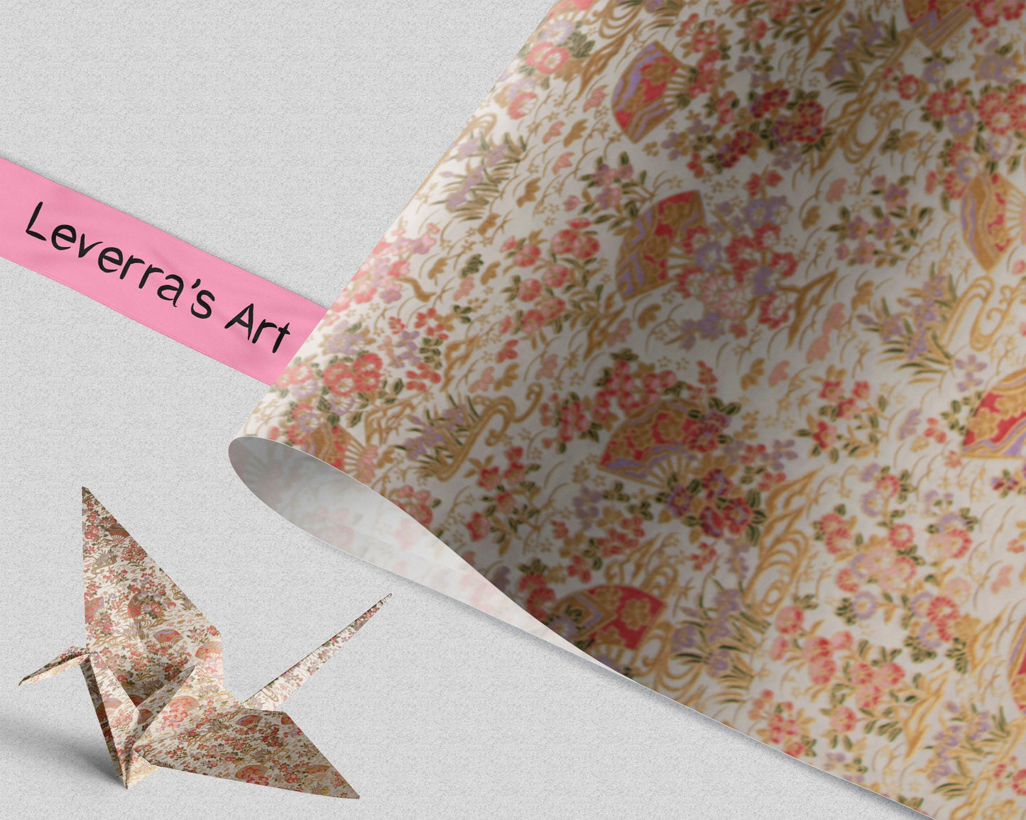 Floral and leaf patterned chiyogami paper with red, green, and brown colors on a beige background and 'Leverra's Art' label, featuring an origami crane.