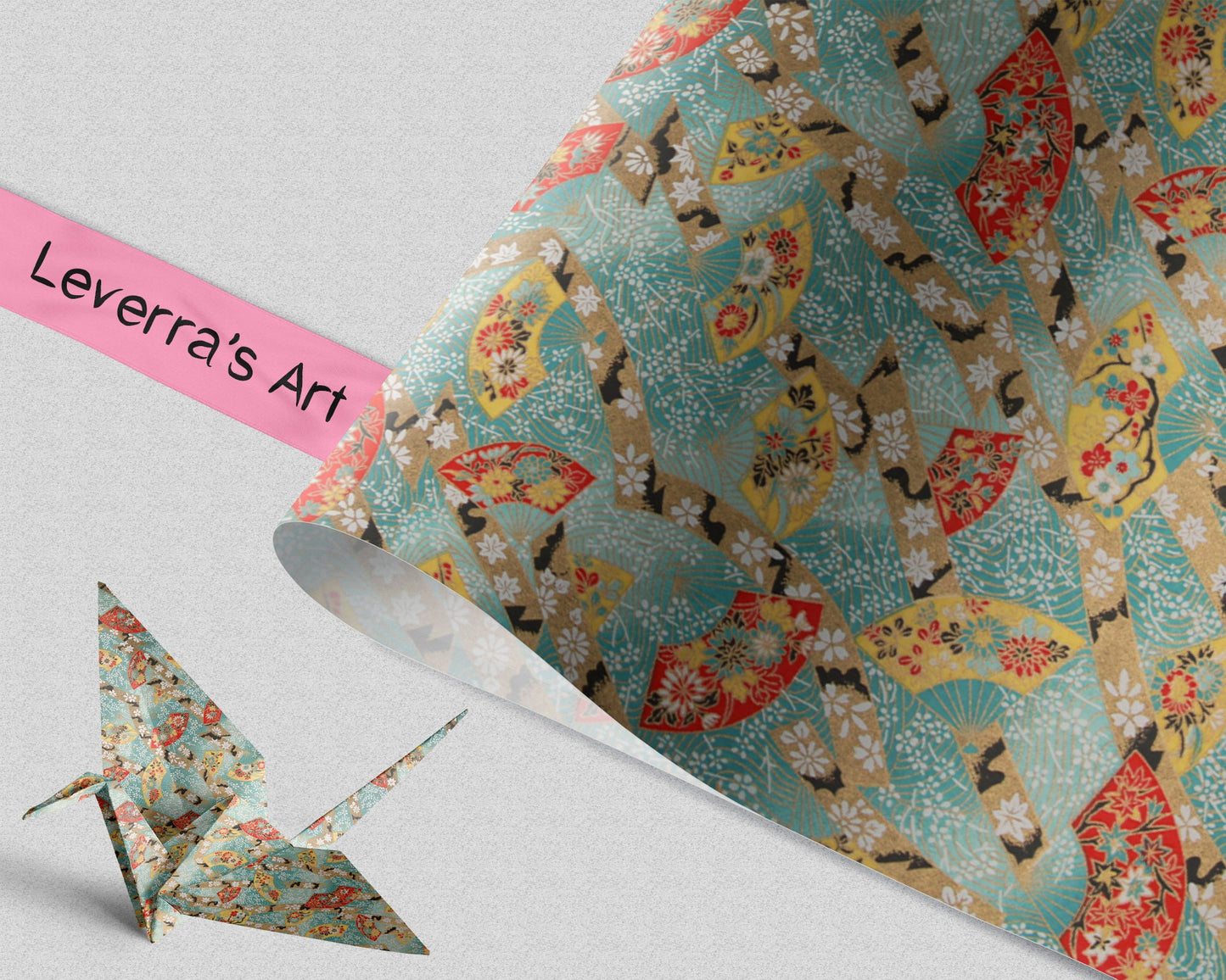 Decorative chiyogami paper with a colorful pattern and 'Leverra's Art' label, featuring an origami crane.