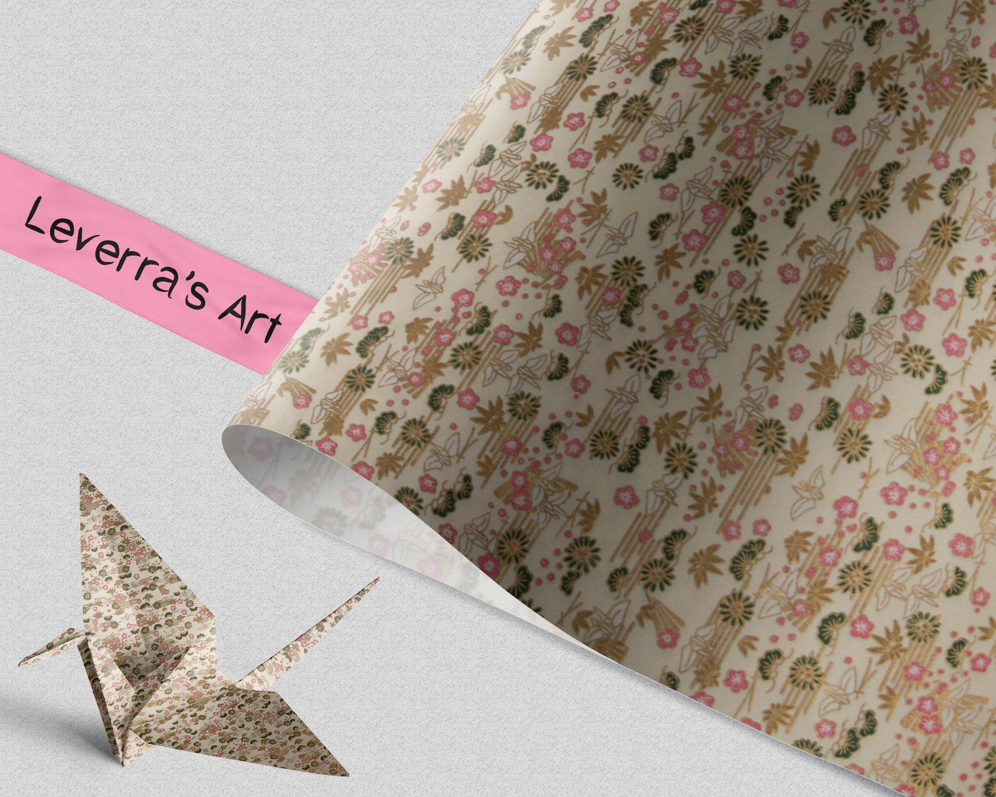 Decorative chiyogami paper with Floral pattern and a folded paper crane on a light gray background, featuring 'Leverra's Art' label.