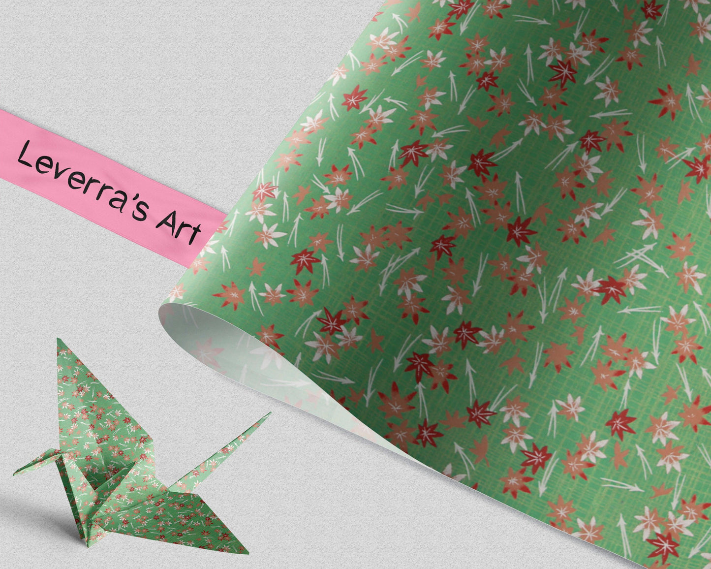Floral-patterned chiyogami paper with a pink strip and 'Leverra's Art' label, featuring an origami crane.