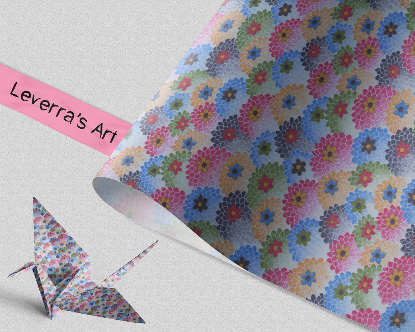 Decorative chiyogami paper with Colorful floral patterned and a folded paper crane on a light gray background, featuring 'Leverra's Art' label.