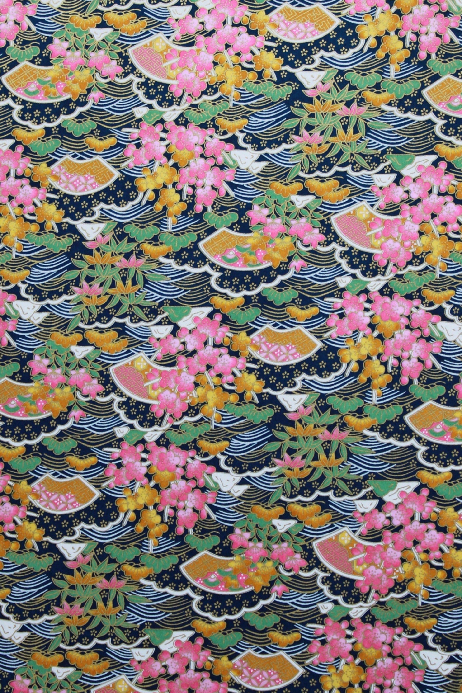 Patterned chiyogami paper with pink and orange flowers on a dark background