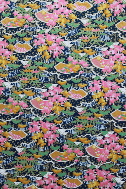Patterned chiyogami paper with pink and orange flowers on a dark background