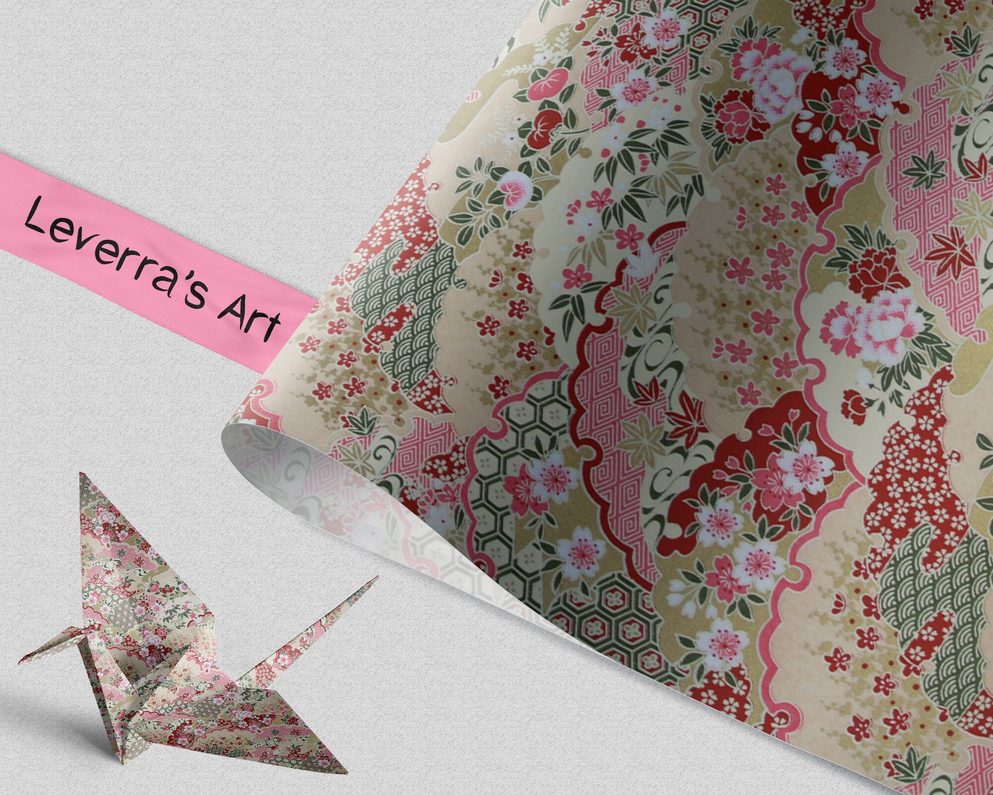 Floral patterned chiyogami paper with a folded paper crane on a light gray background, featuring 'Leverra's Art' branding.